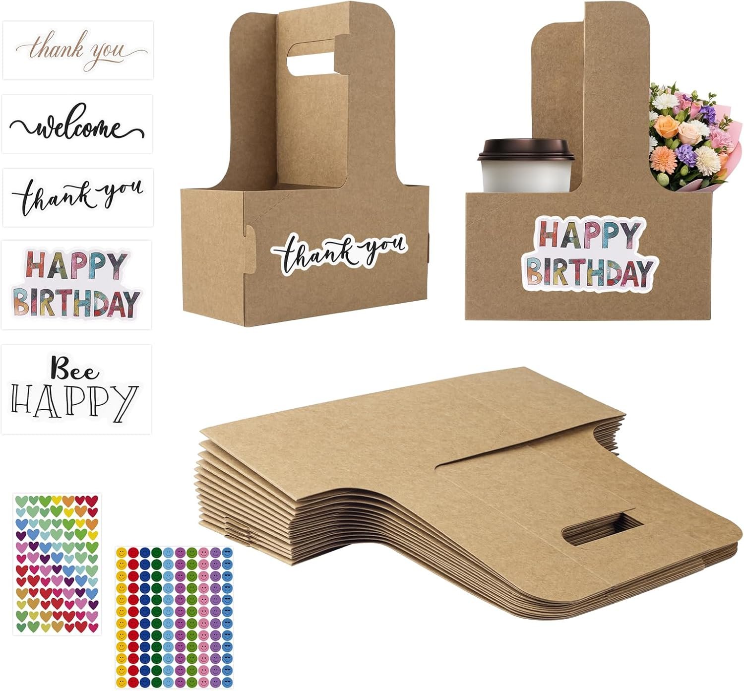 Grossiste 30 Pcs Porte-gobelet en Kraft Carton assemblables avec 30 autocollants Joyeux Anniversaire, OEM porte-gobelets à emporter pour cafés et boissons. Grossiste 30 Pcs Porte-gobelet en Kraft Carton assemblables avec 30 autocollants Joyeux Anniversaire, OEM porte-gobelets à emporter pour cafés et boissons.