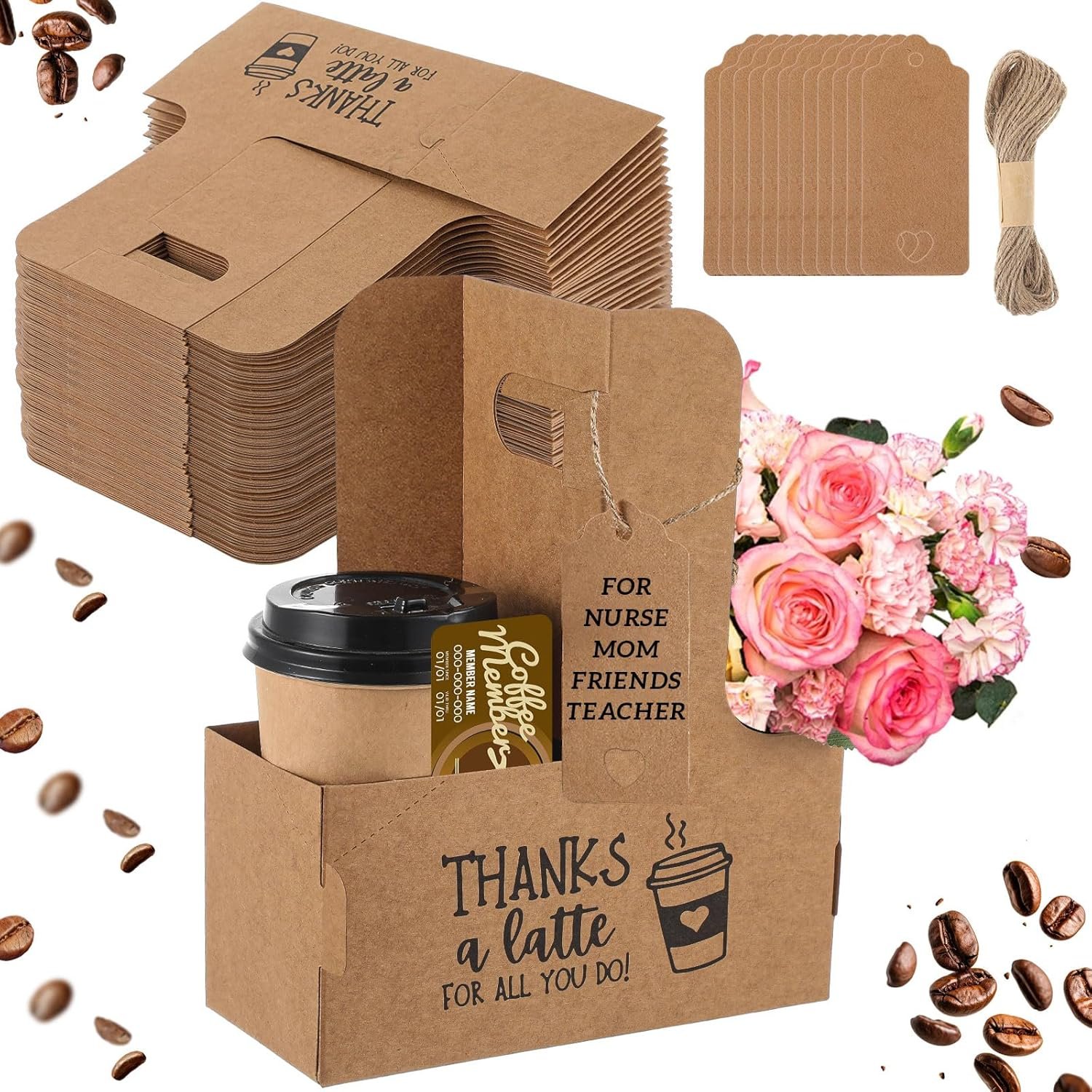 Grossiste 30 ensembles de porte-gobelets avec poignée, support en papier kraft pour 2/4 tasses de 12-30 oz, pour boissons froides et chaudes, livraison de boissons à emporter pour la fête des mères, Logo Personnalisé, dimensions 7 x 3 x 9 pouces, couleur marron, Fabricant.