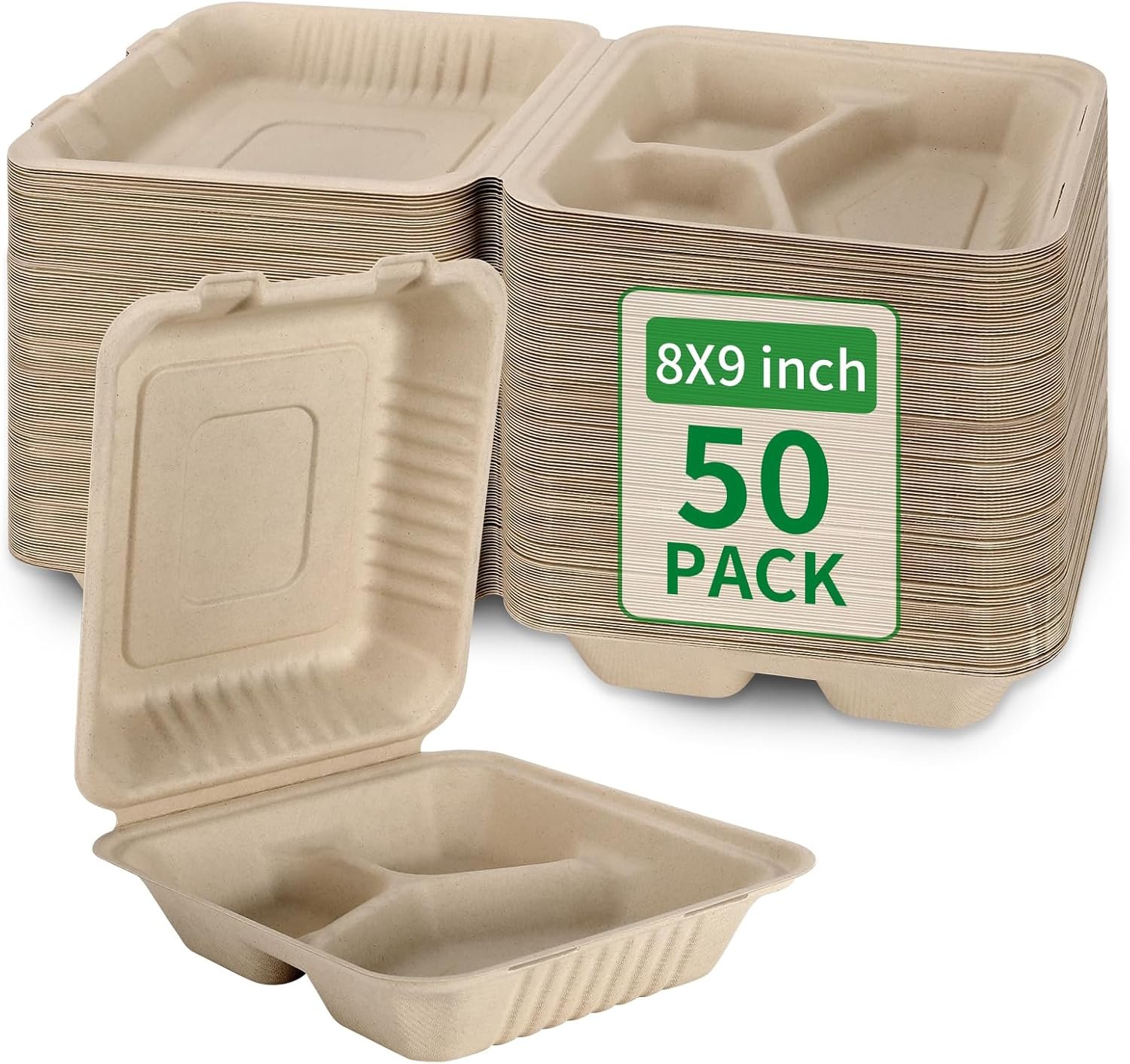 Grossiste 50 Pack de Boîtes à Lunch Compostables À Emporter 8x9 Pouces avec Couvercle, Solutions Écologiques Biodegradables en Bagasse, Fabricant OEM PFAS-free Marron