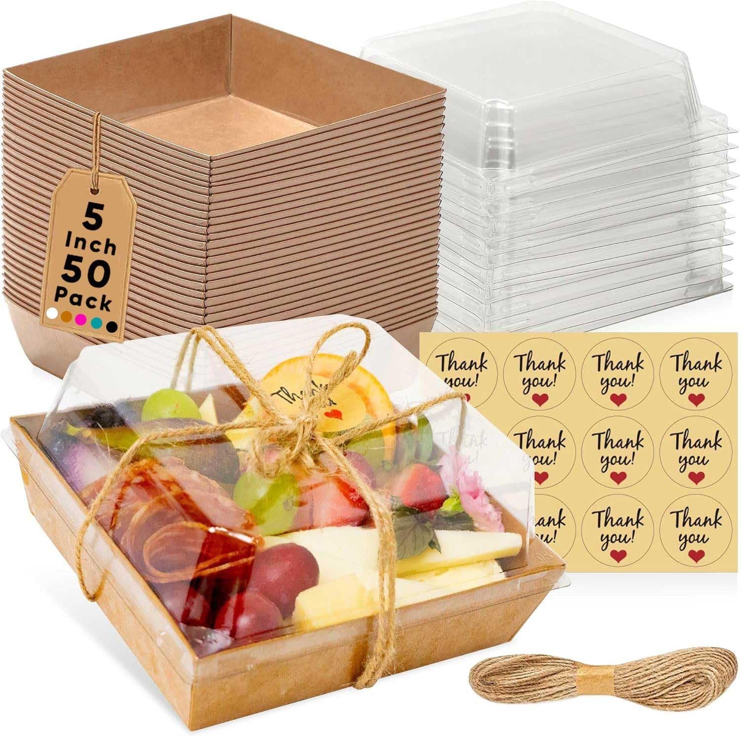 Grossiste 50 Pack de petites boîtes à charcuterie avec couvercles transparents - Boîte à charcuterie à emporter en papier, contenants alimentaires jetables, boîtes à dessert de 5 pouces pour sandwich, cookie, sushi, part de gâteau, fraises - Marque blanche