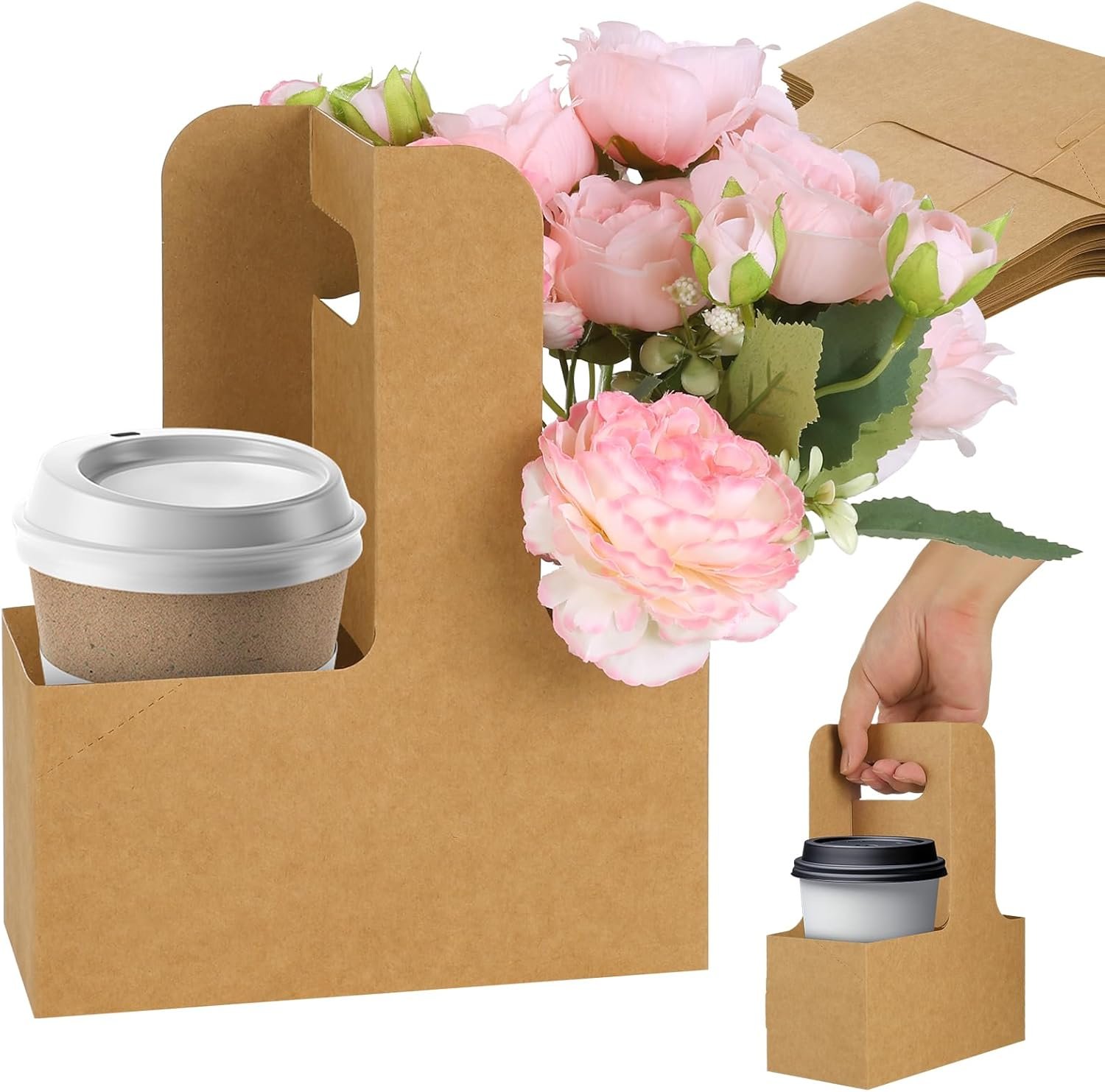 Grossiste 60 pcs Support à boissons en papier kraft brun pour 2 tasses avec poignée – Support à gobelet en papier jetable pour boissons chaudes ou froides, transport de tasses & porte-gobelets pour livraison de nourriture, Personnalisation de logo disponible, Fabricant européen.