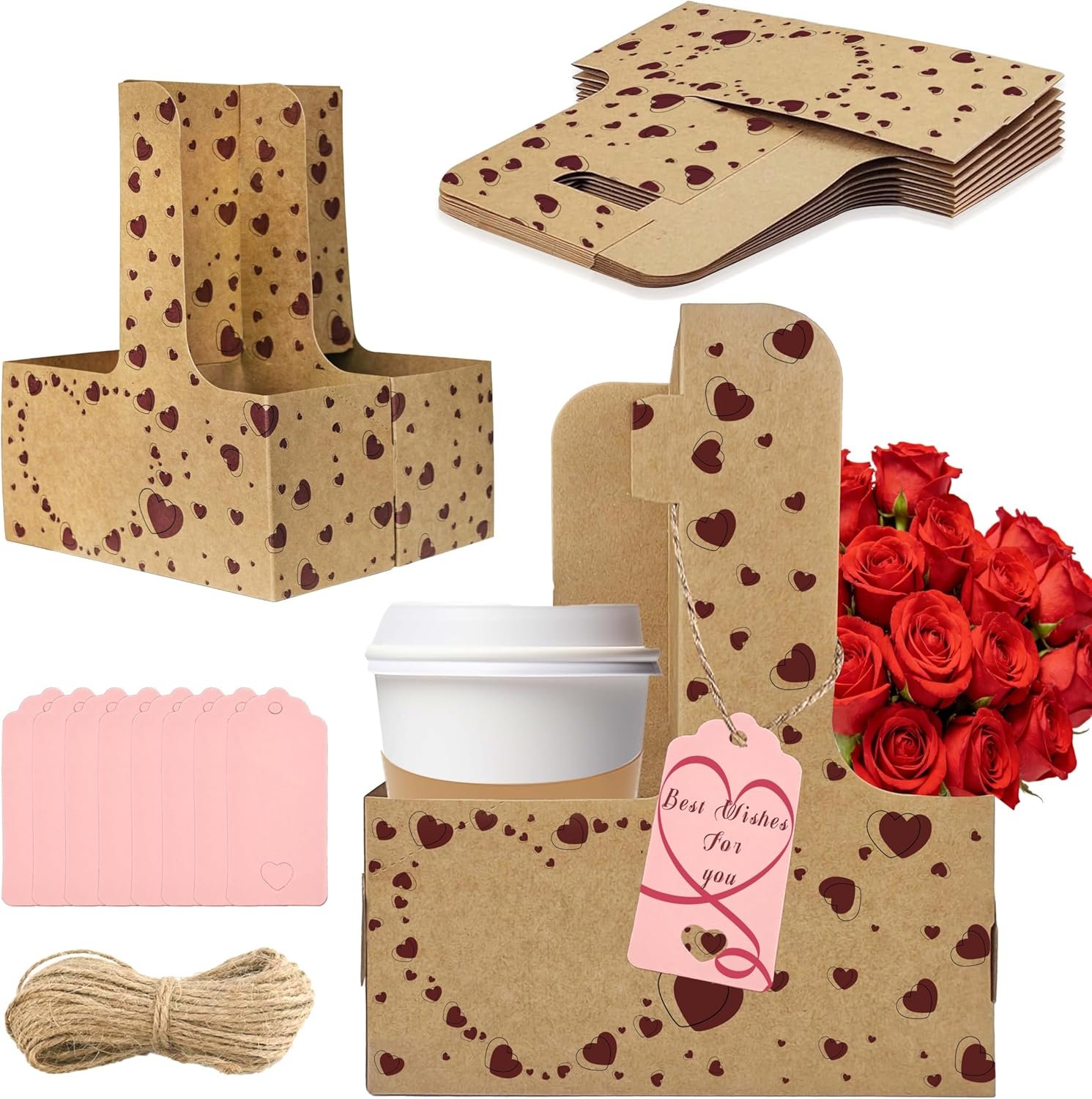 Grossiste 8 Set Porte-Gobelet en Carton, Support à Café avec Poignée, OEM pour Cadeaux de Saint-Valentin avec Carte de Vœux et Ruban, Marque Blanche en Kraft