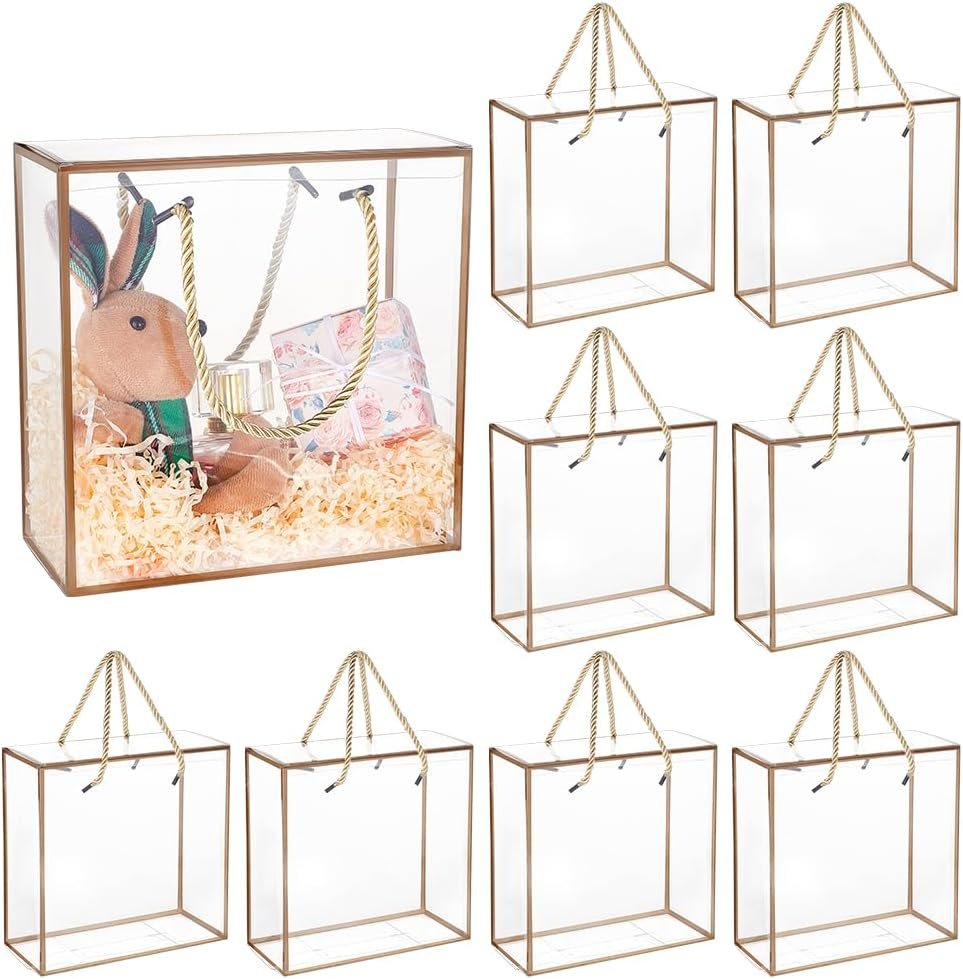 Grossiste Boîte Cadeau en PET Transparente 7.8x7.8x3.5 Pouces avec Bord Doré et Poignée, Logo Personnalisé pour Fêtes, Fournisseur de Boîtes à Favor pour Mariage et Anniversaire en Vrac