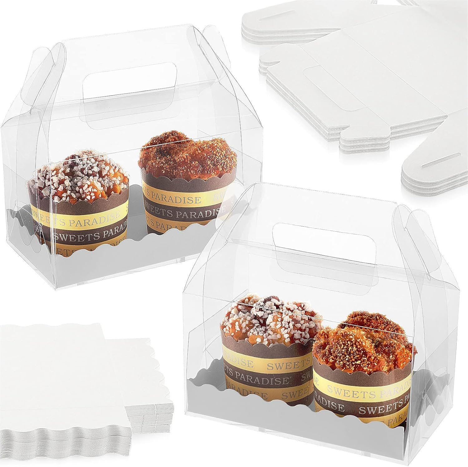 Grossiste Boîtes Gables Transparentes - 25 Pcs Boîtes Favor avec Poignées et Carton pour Cookies, Pâtisseries, Cupcakes et Desserts 6,3 x 3,6 x 3,6'' - Marque Blanche et Personnalisation Disponibles