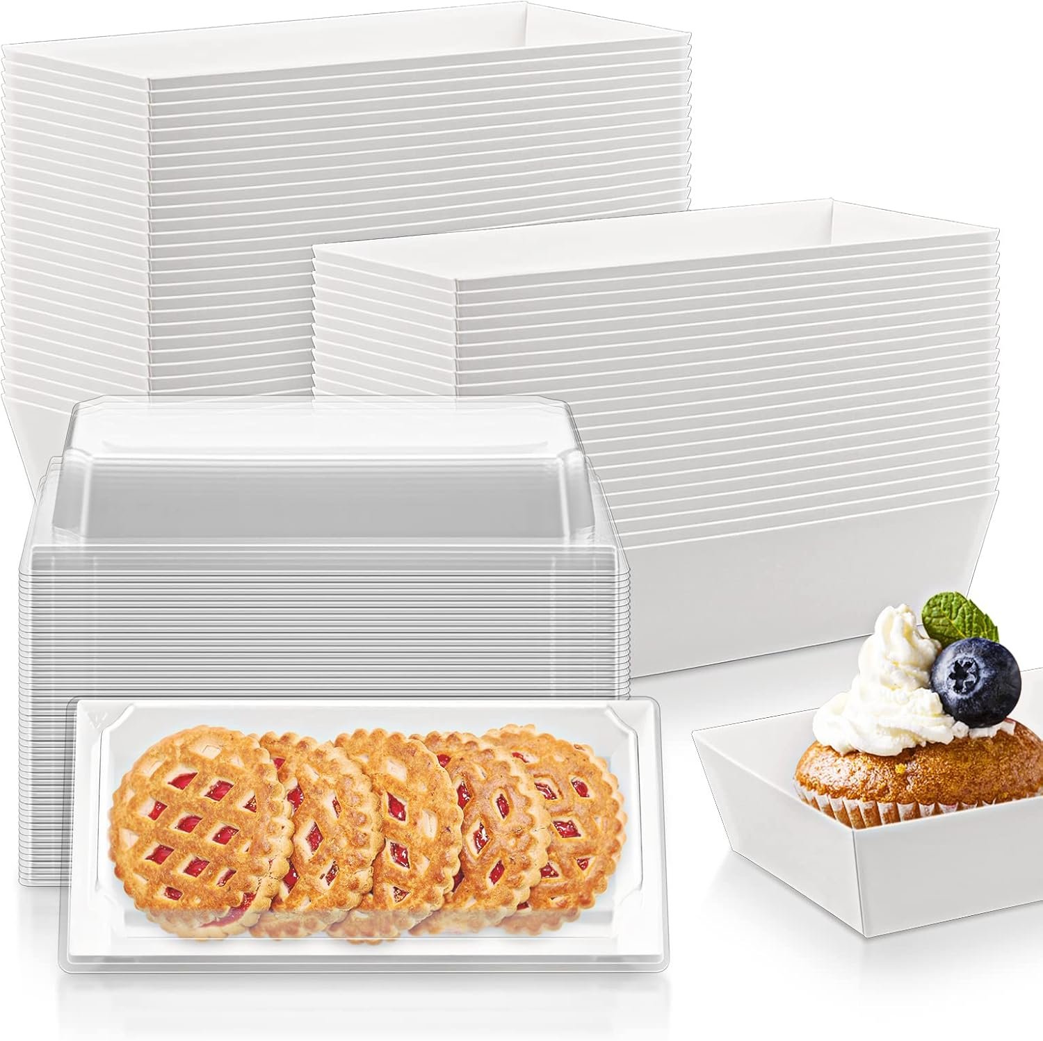 Grossiste Boîtes à Charcuterie 50 pièces, Réservoirs alimentaires en papier jetables rectangulaires blancs de 4,7 pouces avec couvercles transparents, OEM pour gâteaux, cookies, sandwiches, desserts, fraises, Marque Blanche.