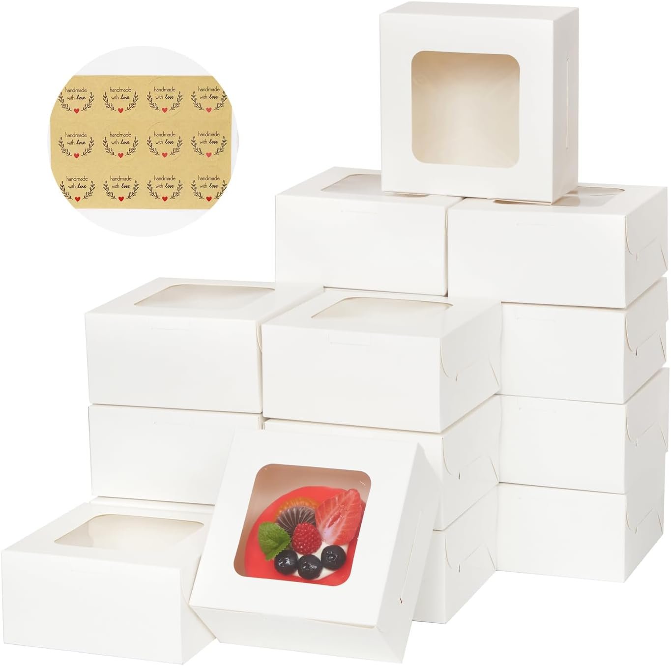 Grossiste Boîtes à Gâteaux Blanches 50 Packs 5x5x2.5in, Boîtes de Pâtisserie avec Fenêtre, Conteneurs Alimentaires pour Cookies, Pâtisserie, Tarte, Fraises, Beignets, Bonbons, Desserts, Cake Petit sur Mesure, Fabricant OEM.