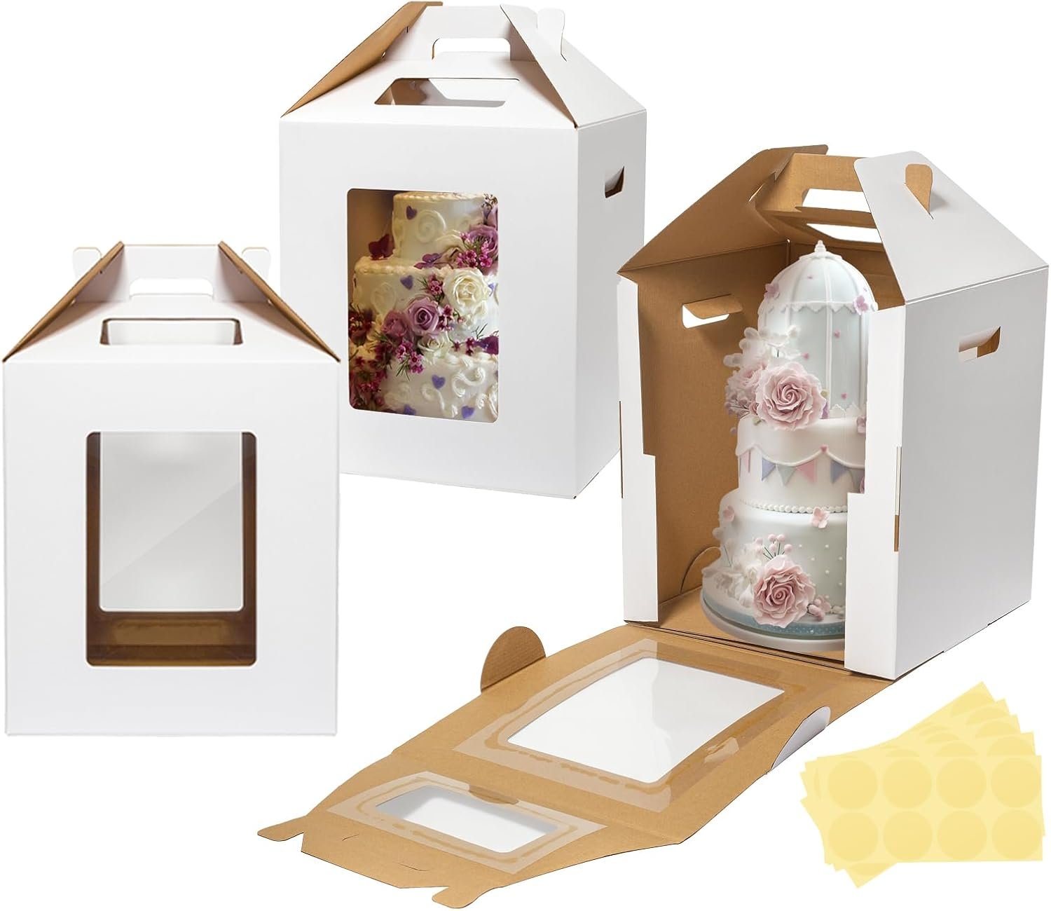 Grossiste Boîtes à Gâteaux Hautes en Paquet de 3, 12x12x14 Pouces, Transport de Gâteaux à Étages Jetables avec Fenêtre, Personnalisation de Logo, Fabricant de Conteneurs pour Mariages, Anniversaires et Fêtes.