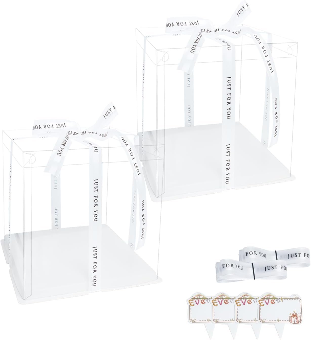Grossiste Boîtes à Gâteaux Transparentes 6,5x6,5x7in 2-Pack - Fabricant Fournissant Ruban en Satin 2x10 pieds & 4 Décorations en Papier, Logo Personnalisé, Sans BPA pour Mariages et Anniversaires