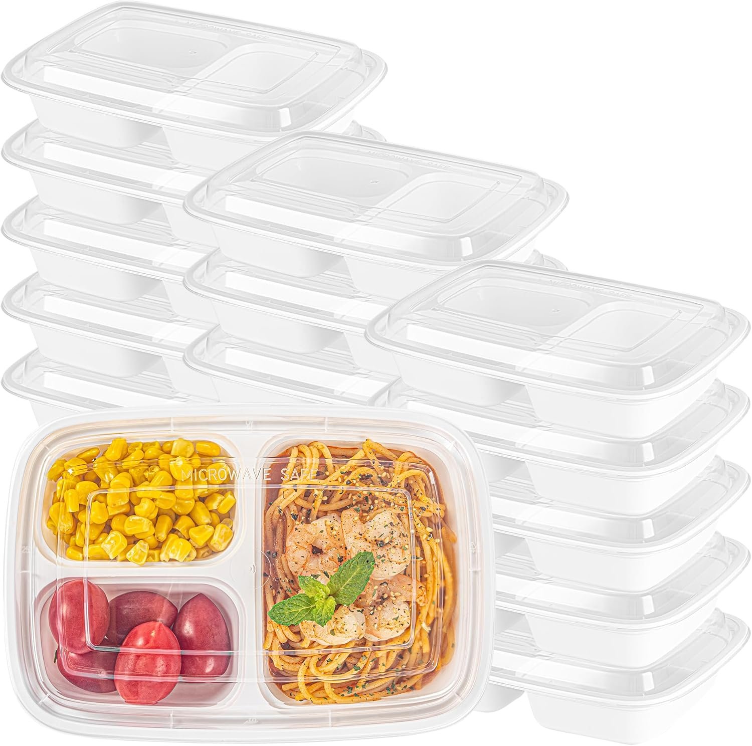 Grossiste Boîtes à emporter compartimentées de 26 onces, 50 contenants alimentaires en plastique blanc, 3 compartiments, avec couvercles en plastique clair, sans BPA, pour préparation de repas, Fabricant en gros, Logo Personnalisé.