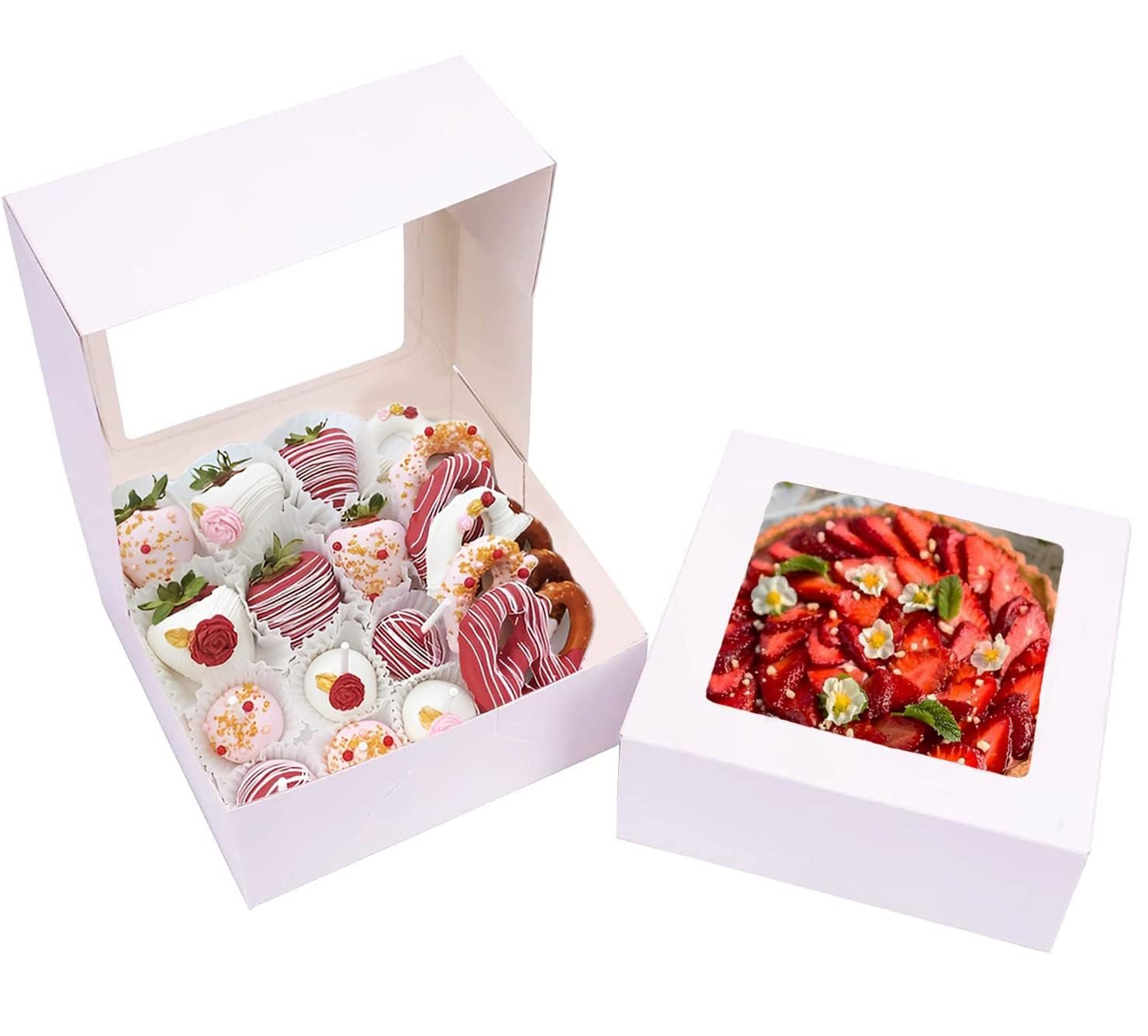 Grossiste Boîtes de Boulangerie 8x8x3 pouces avec fenêtre pour chocolat et fraises, idéal pour gâteau, cupcake, cookie, macaron et cœur brisable, Logo Personnalisé, Fournisseur de Boîtes en Papier (Pack de 30, Blanc)