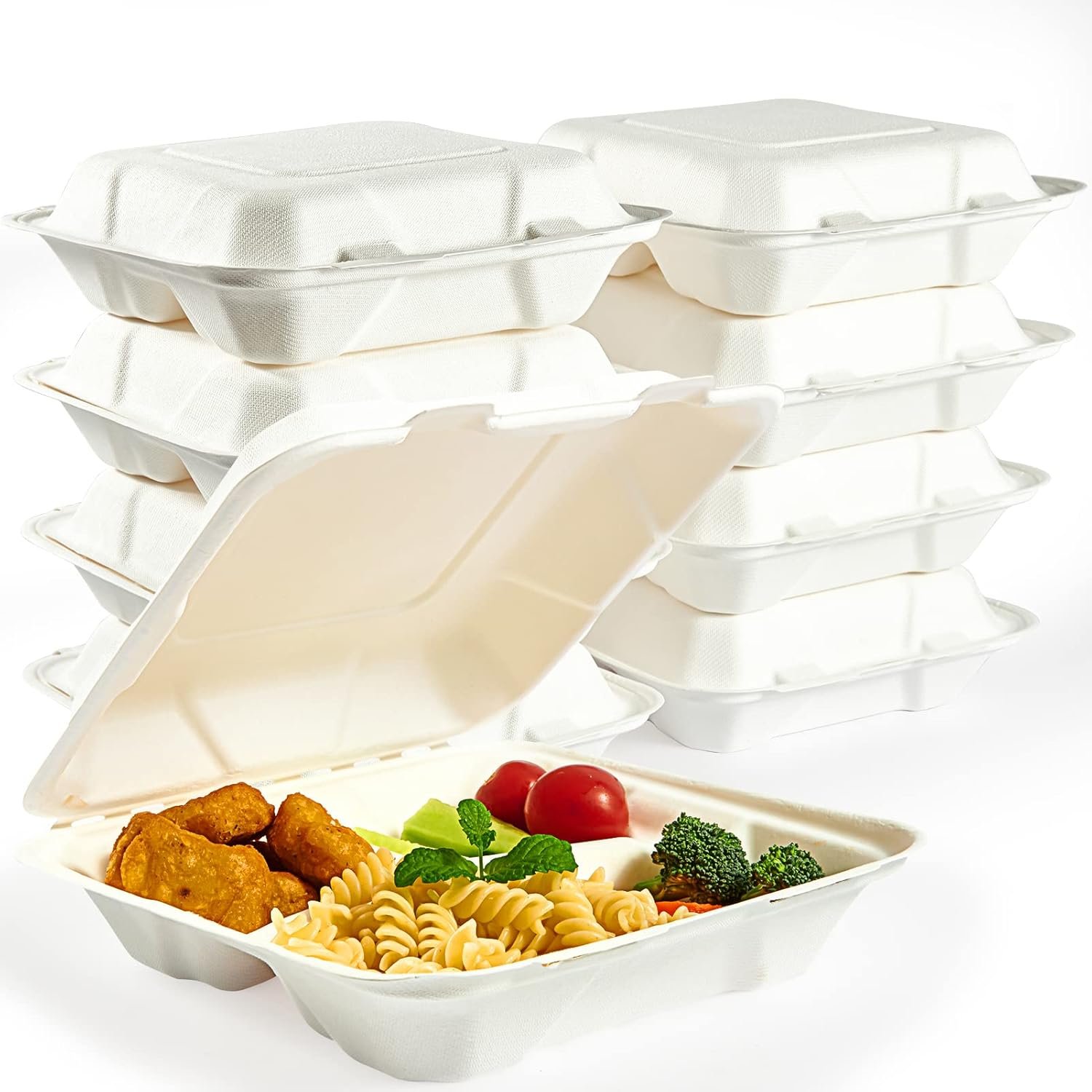 Grossiste Containers Alimentaires Compostables à 100%, 90 PACK 8 pouces x 8 pouces, Eco-Friendly avec 3 Compartiments, Fabricant de Récipients en Bagasse pour Déjeuner à Emporter, OEM pour Fête ou Potluck