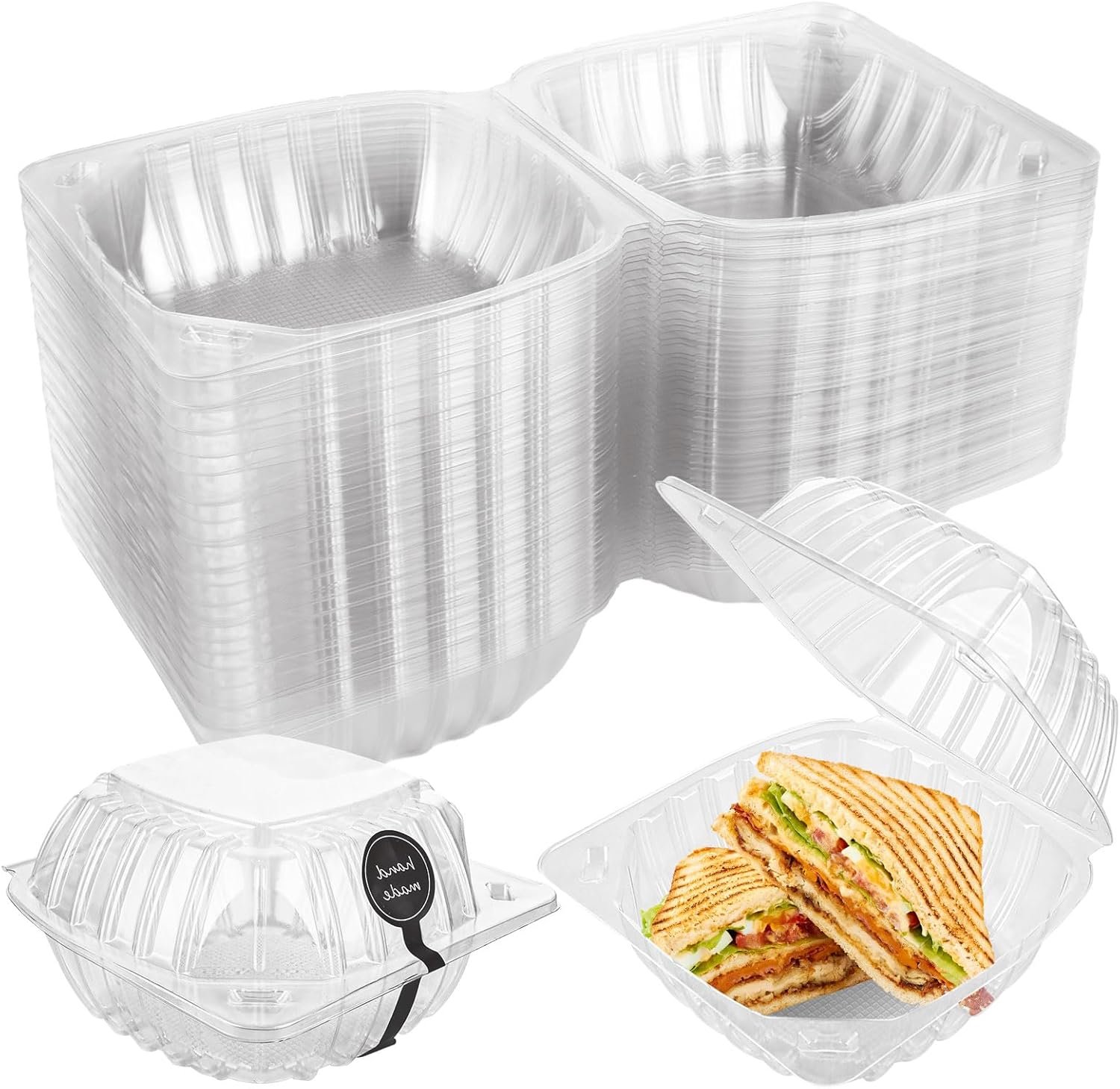 Grossiste Contenants à Emporter en Plastique Clamshell Transparents 200 Packs 6 x 6 x 3,15 pouces, Boîtes Hinge Jetables pour Desserts, Gâteaux, Salades, Hamburgers, Sandwiches avec 200 Étiquettes Fait Main, Logo Personnalisé et Fabricant.