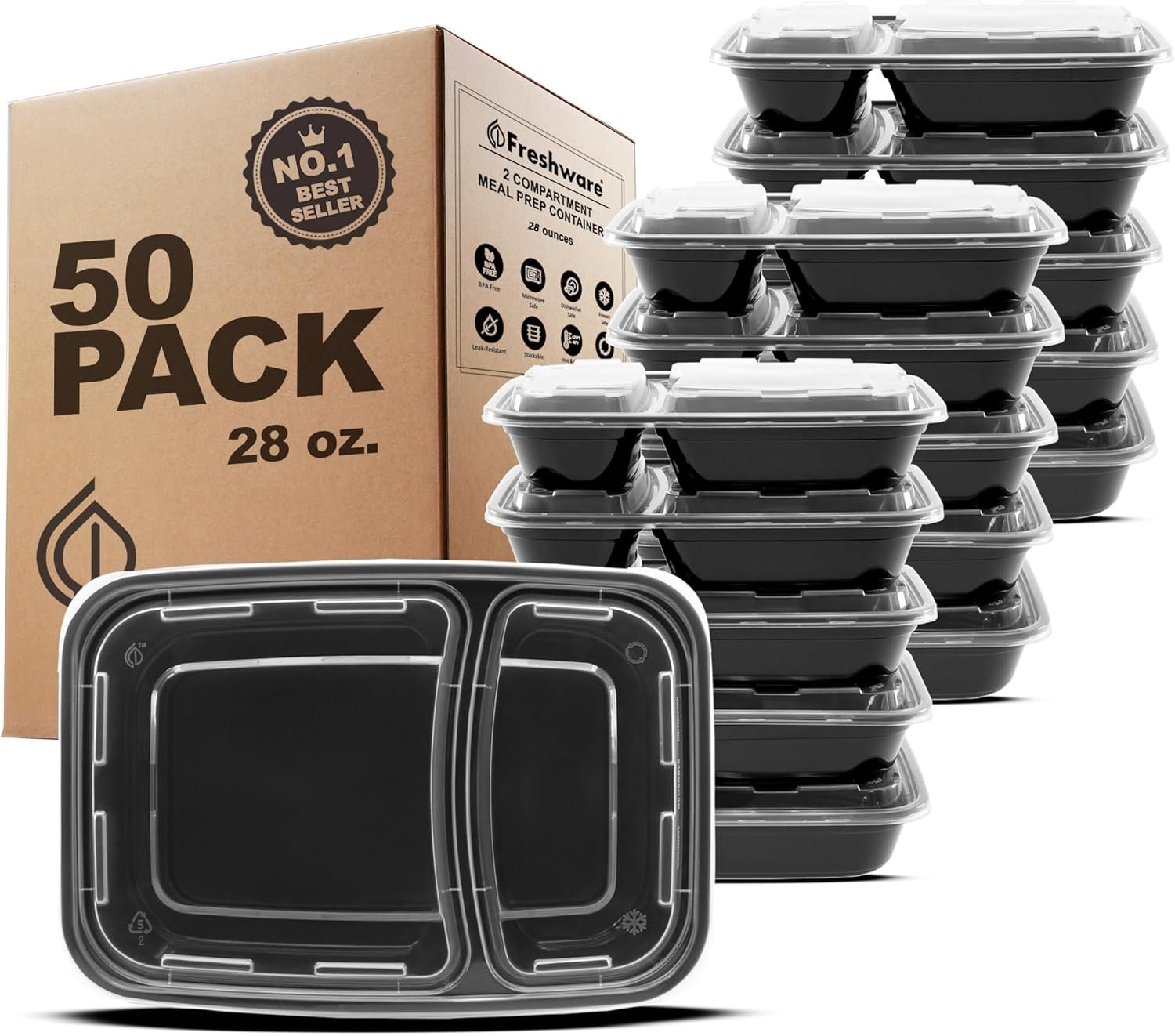 Grossiste Contenants de Préparation de Repas 2 Compartiments avec Couvercles 50 Compte, Fournisseur Alimentaire Empilable et Sûr pour Micro-ondes/Lave-vaisselle/Freezer (28 oz), Logo Personnalisé