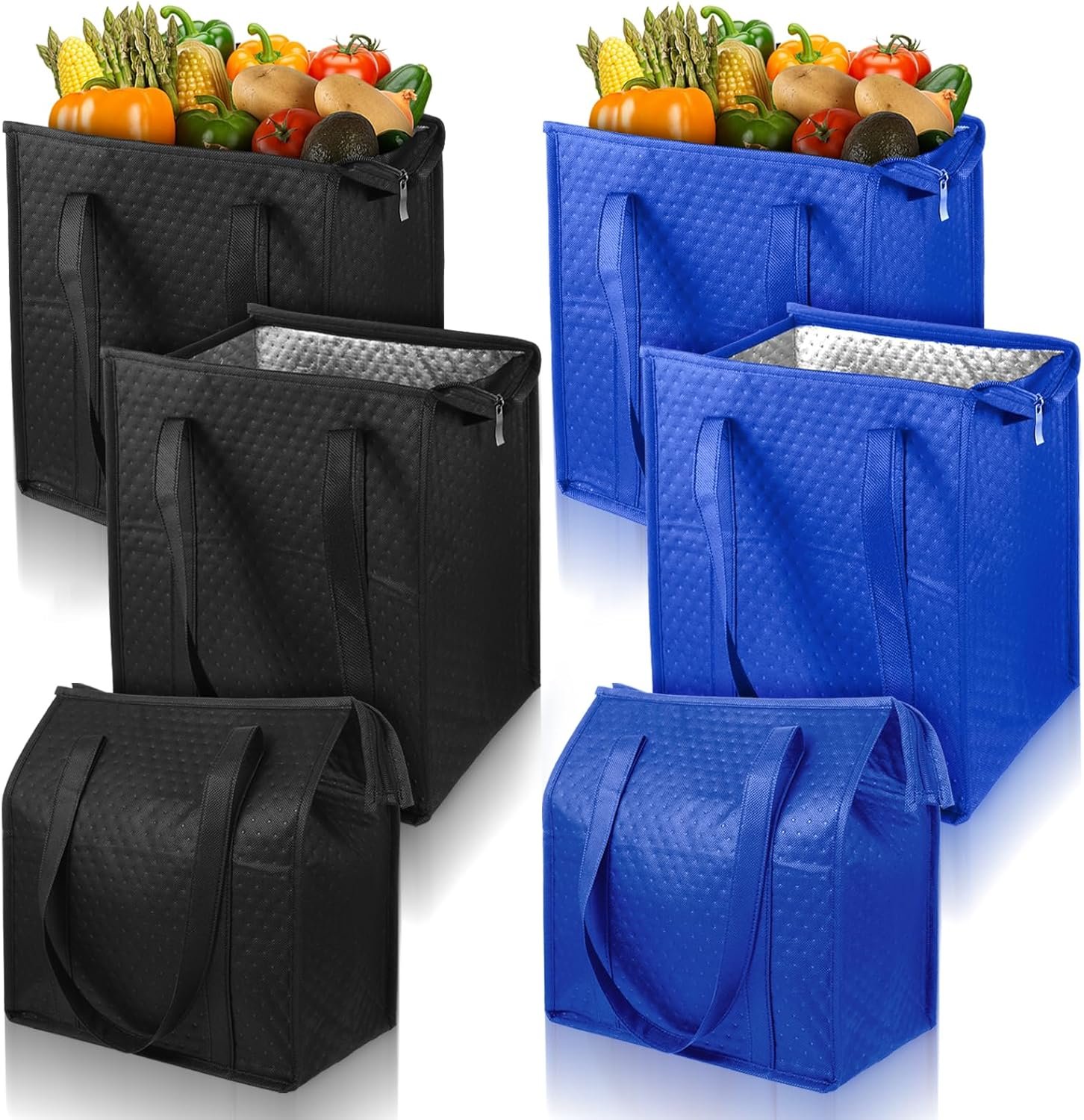 Grossiste Sacs de courses isothermes réutilisables 6 pièces, grandes sacs isolés robustes 13 x 12 x 7 pouces, pour livraison de nourriture avec logos personnalisés, sacs thermiques avec zipper. Fabricant de sacs en vrac.