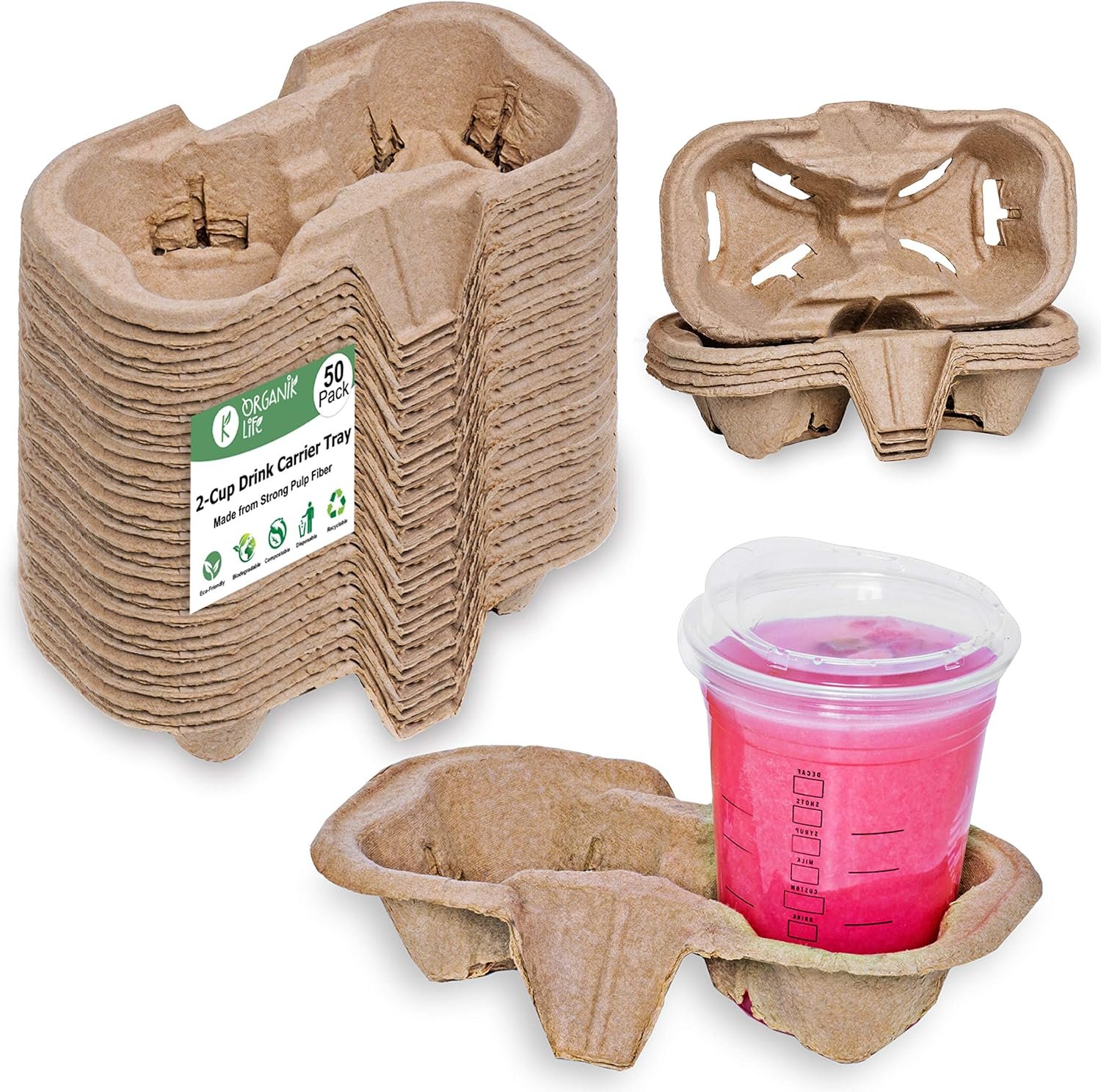 Grossiste Tray de transport pour 2 tasses (Pack de 50), Écologique, Support de boisson biodégradable, OEM, Idéal pour livraison de boissons chaudes ou froides, Support de boisson pratique pour voitures, Vente en gros sans déversement ni dégâts.