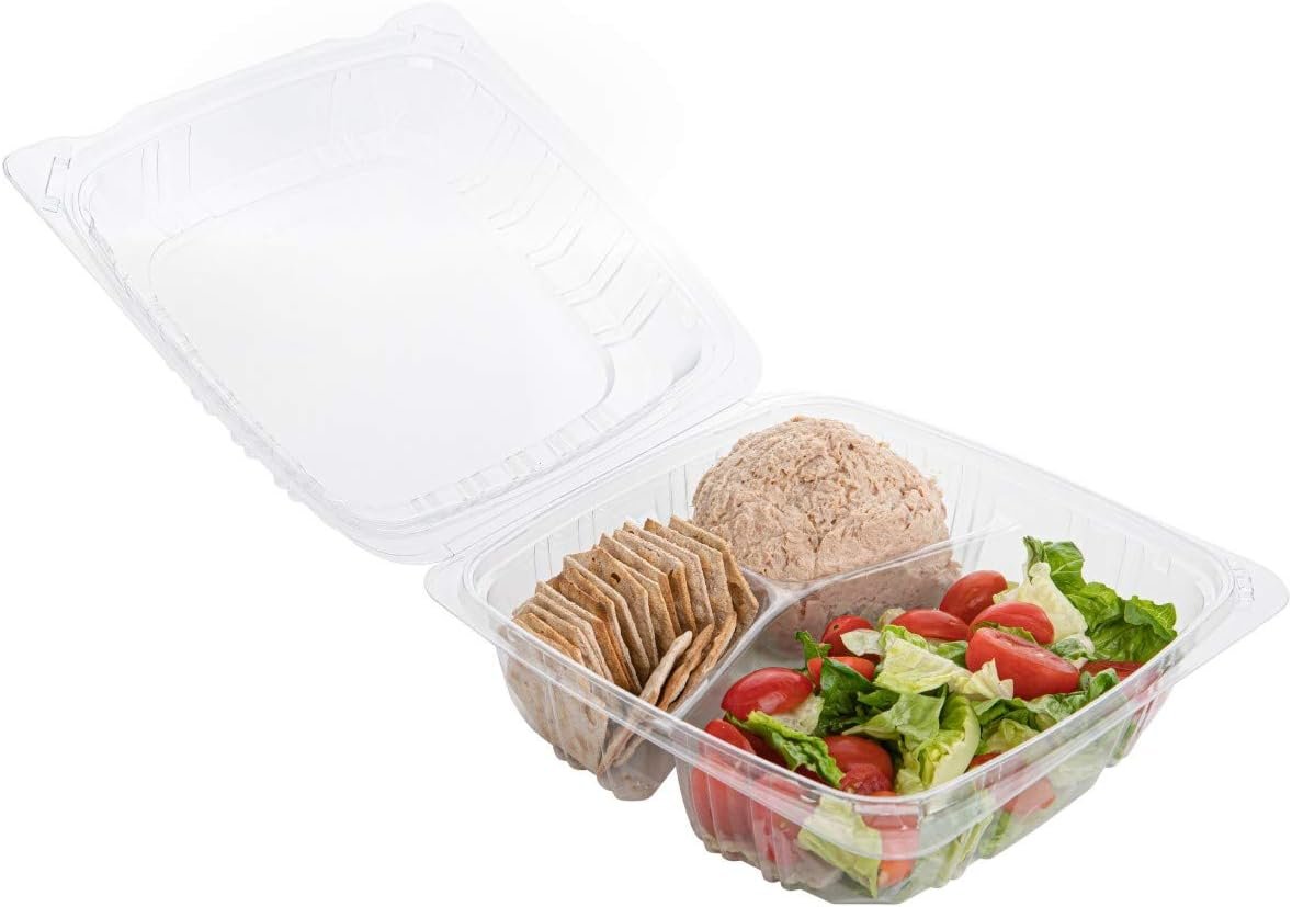 Grossiste contenant alimentaire à emporter, 3 compartiments (Pack de 50 - 8x8x3 3/8), fabriqué par un fournisseur OEM, logo personnalisé disponible.
