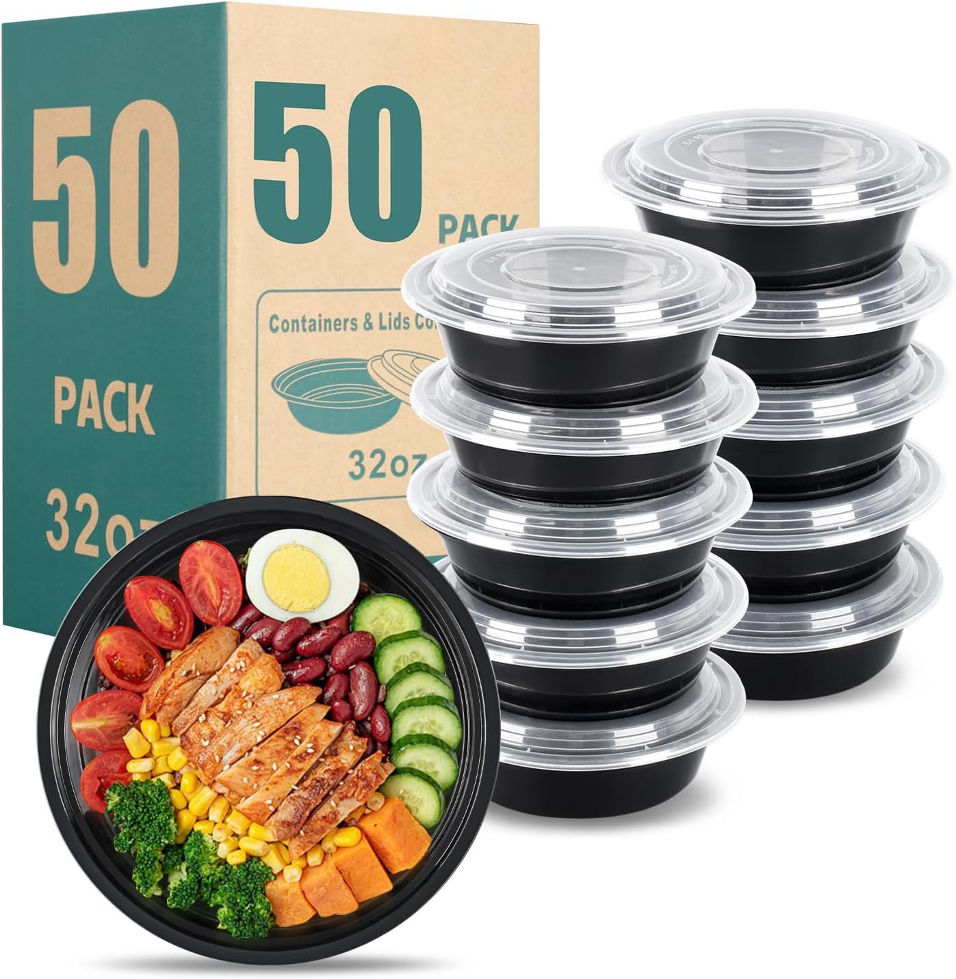 Grossiste contenants alimentaires jetables 32oz noirs ronds, 50 pièces, réutilisables avec couvercles, empilables, sans BPA, boîte bento, contenants pour le déjeuner, compatibles micro-ondes et lave-vaisselle, marque blanche, fournisseur.