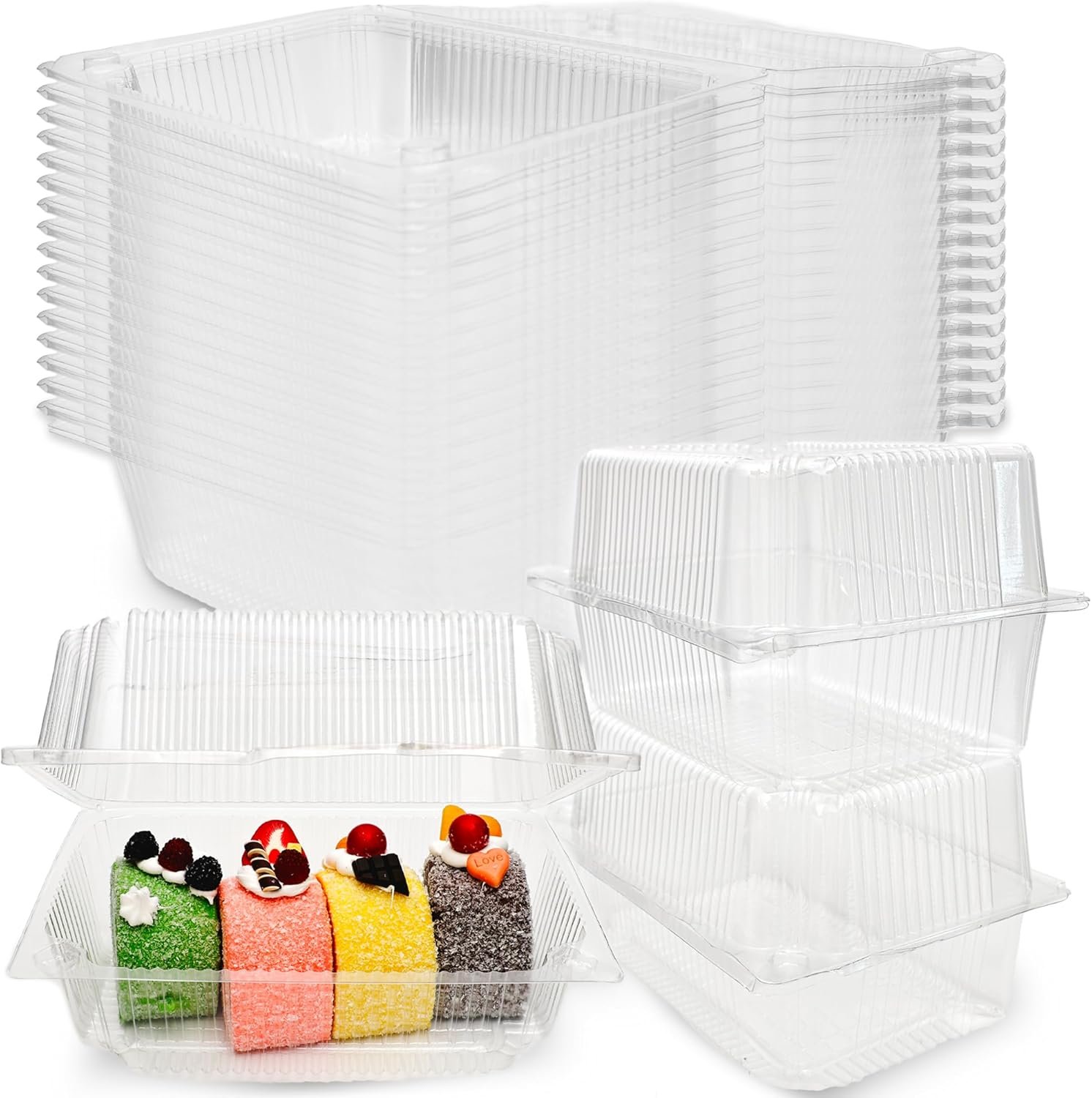 Grossiste conteneurs alimentaires clairs en plastique à charnière 120 pack 7,28 x 4,92 x 3,82 pouces, boîte de pâtisserie transparente avec couvercles pour gâteau, sandwich, pâtisserie, biscuits et dessert, marque blanche et fournisseur.