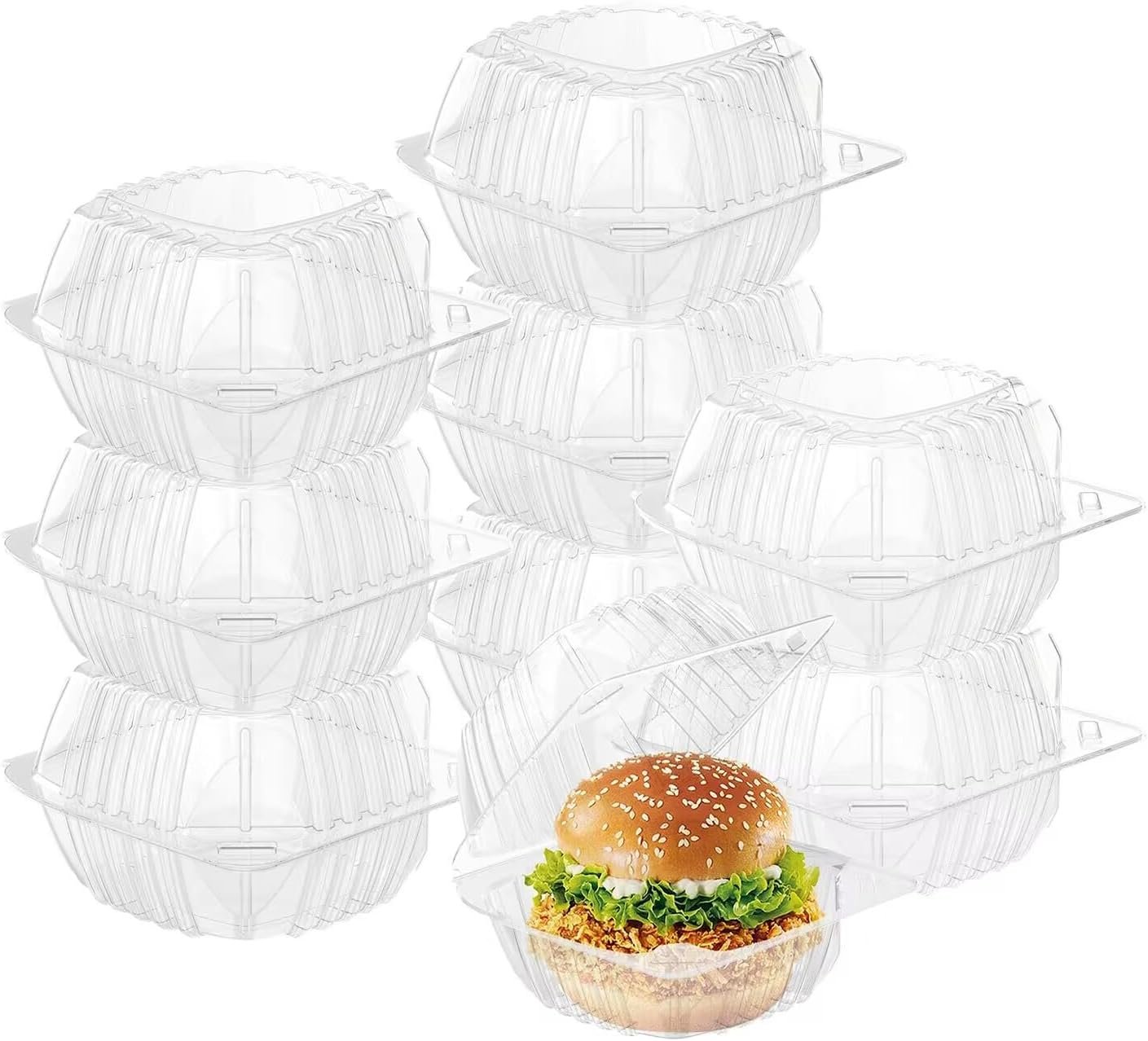 Grossiste conteneurs alimentaires en plastique clair 25 pièces 5.8 x 5.8 x 3.2 pouces, avec couvercles, pour gâteaux, desserts, salades, pâtes, sandwiches, logo personnalisé, fournisseur de solutions jetables.