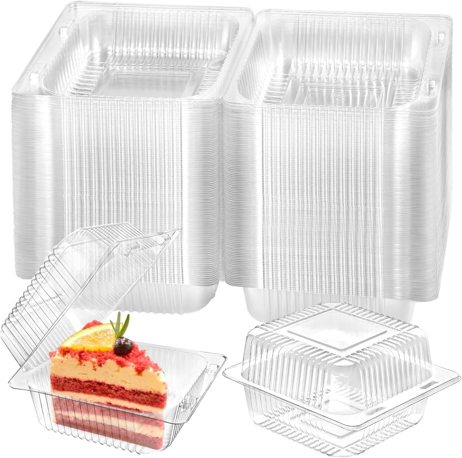 Grossiste conteneurs alimentaires en plastique transparents, boîtes à emporter en vrac pour part de gâteau, salade, sandwichs, desserts et cookies, avec logo personnalisé et couvercles à charnière.