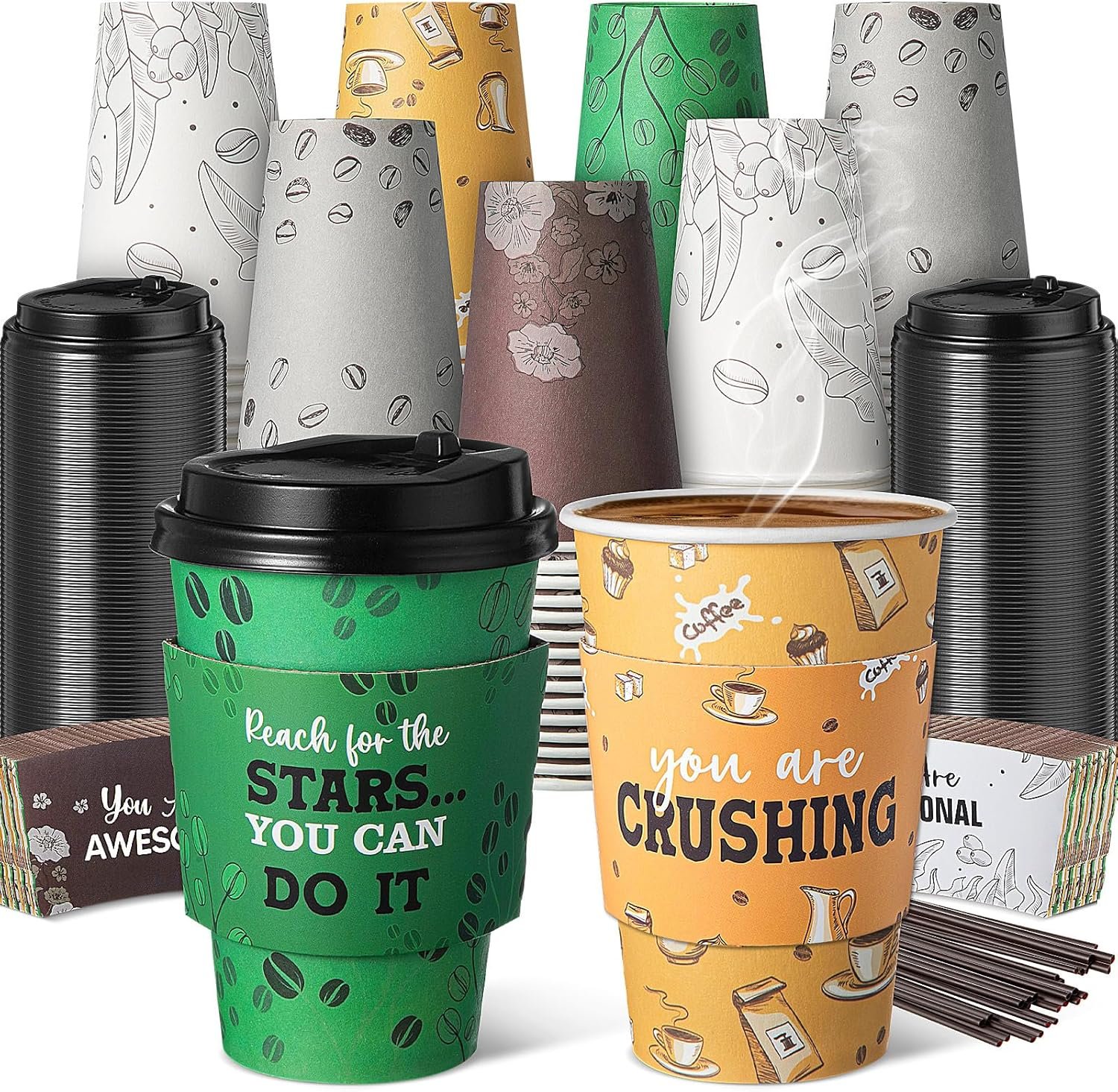 Grossiste de 100 Sets de Gobelets en Papier Jetables de 12 oz avec Couvercles, Manchons, Pailles, Motivants à Emporter pour Boissons Chaudes et Froides, Fournisseur de Gobelets Chocolat Cocoa, OEM, 5 Styles