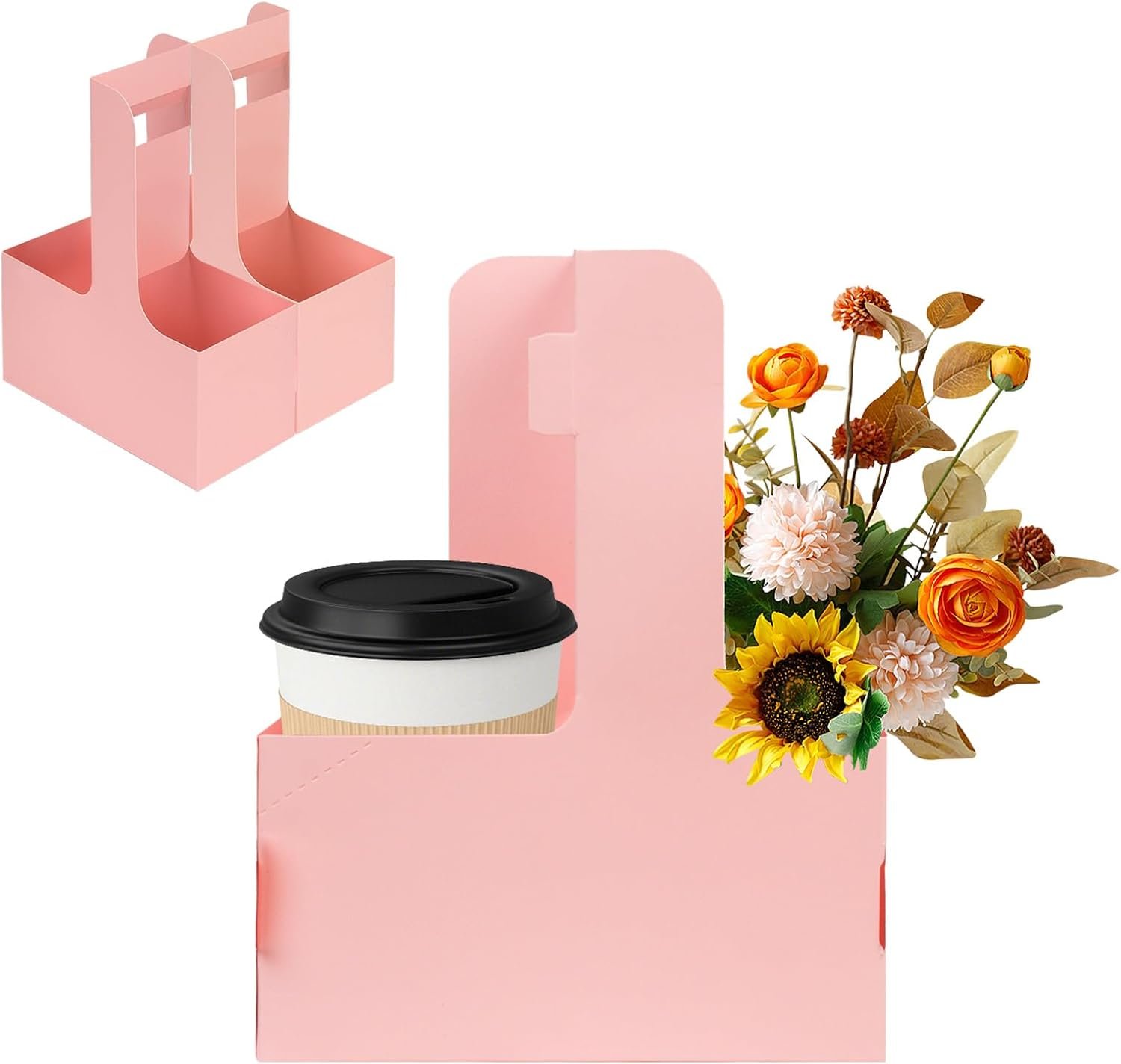 Grossiste de 50 Packs de 2 Supports de Boissons avec Poignée, Fabricant de Porte-gobelets Jetables en Carton Rose pour Boissons, Logo Personnalisé, 6.9 x 3.1 x 8.7 Inches.