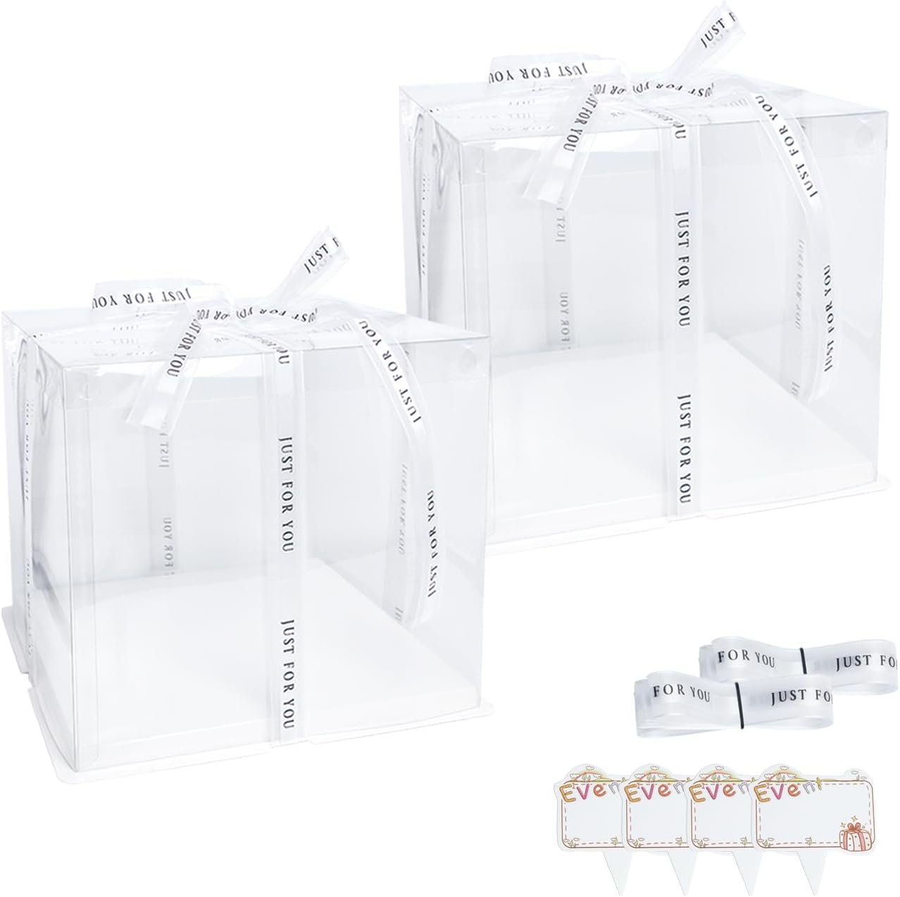 Grossiste de Boîtes à Gâteau Transparentes 8,5x8,5x6,5 - Kit de 2 avec Ruban de 20ft et 4 Cartes, Personnalisation de Logo, Contenants Plastiques Sans BPA pour Gâteaux de Mariage et Cupcakes. Fabricant en Vente en Gros.