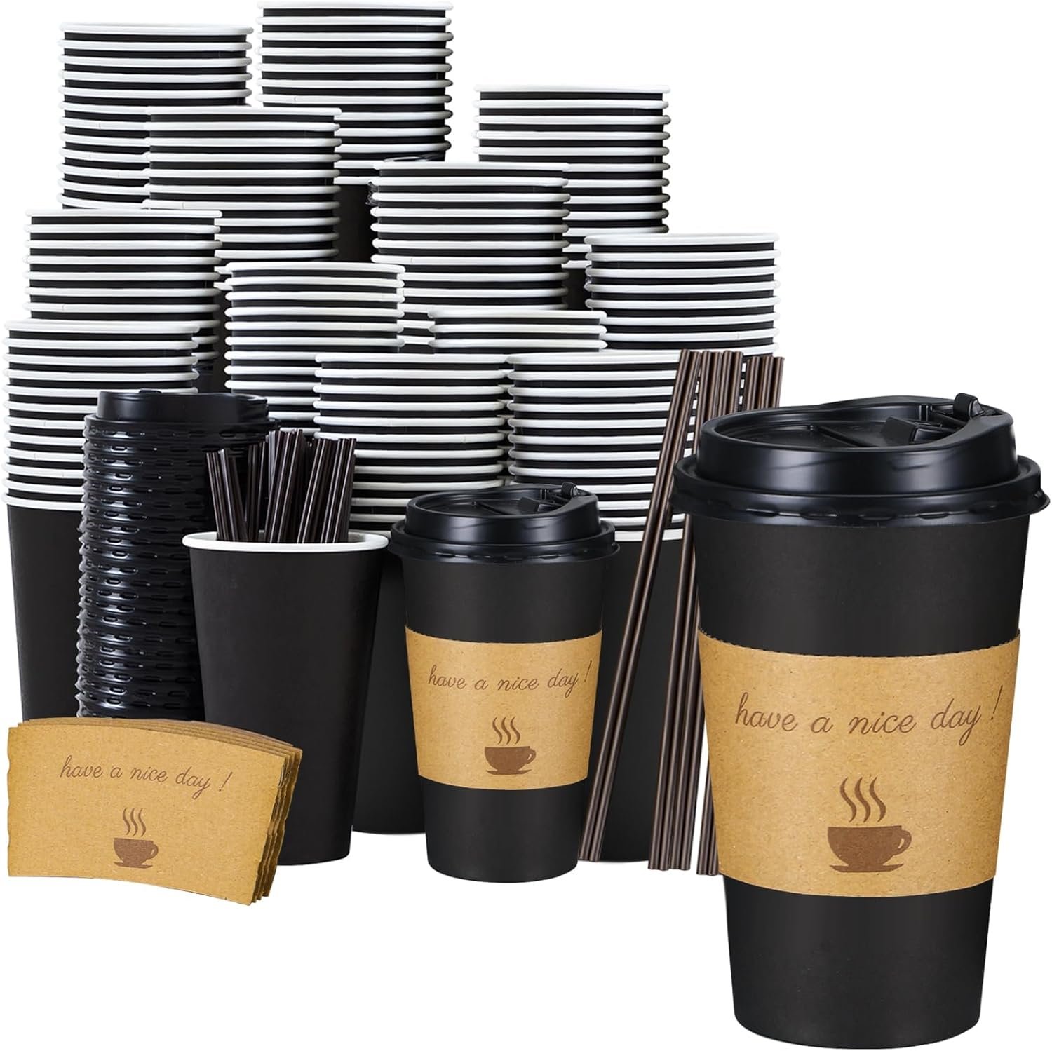 Grossiste de Tasses à Café 16 oz en Vrac, Tasses Jetables Noires avec Couvercles, Agitateurs et Manchons, OEM pour Bureau, Voyage et Domicile