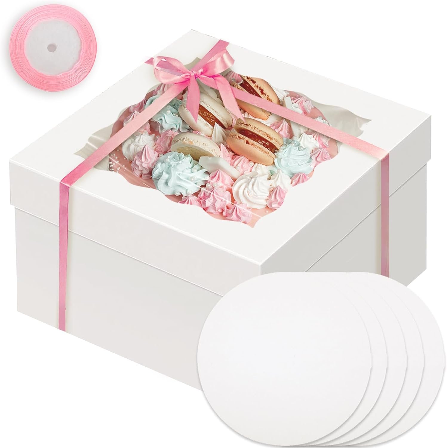 Grossiste de boîtes à gâteaux blanches 12x12x8 pouces avec fenêtre, 36 pièces en vrac avec logo personnalisé et fabrication de support, 18 packs de boîtes à gâteaux et 10 mètres de ruban en soie.
