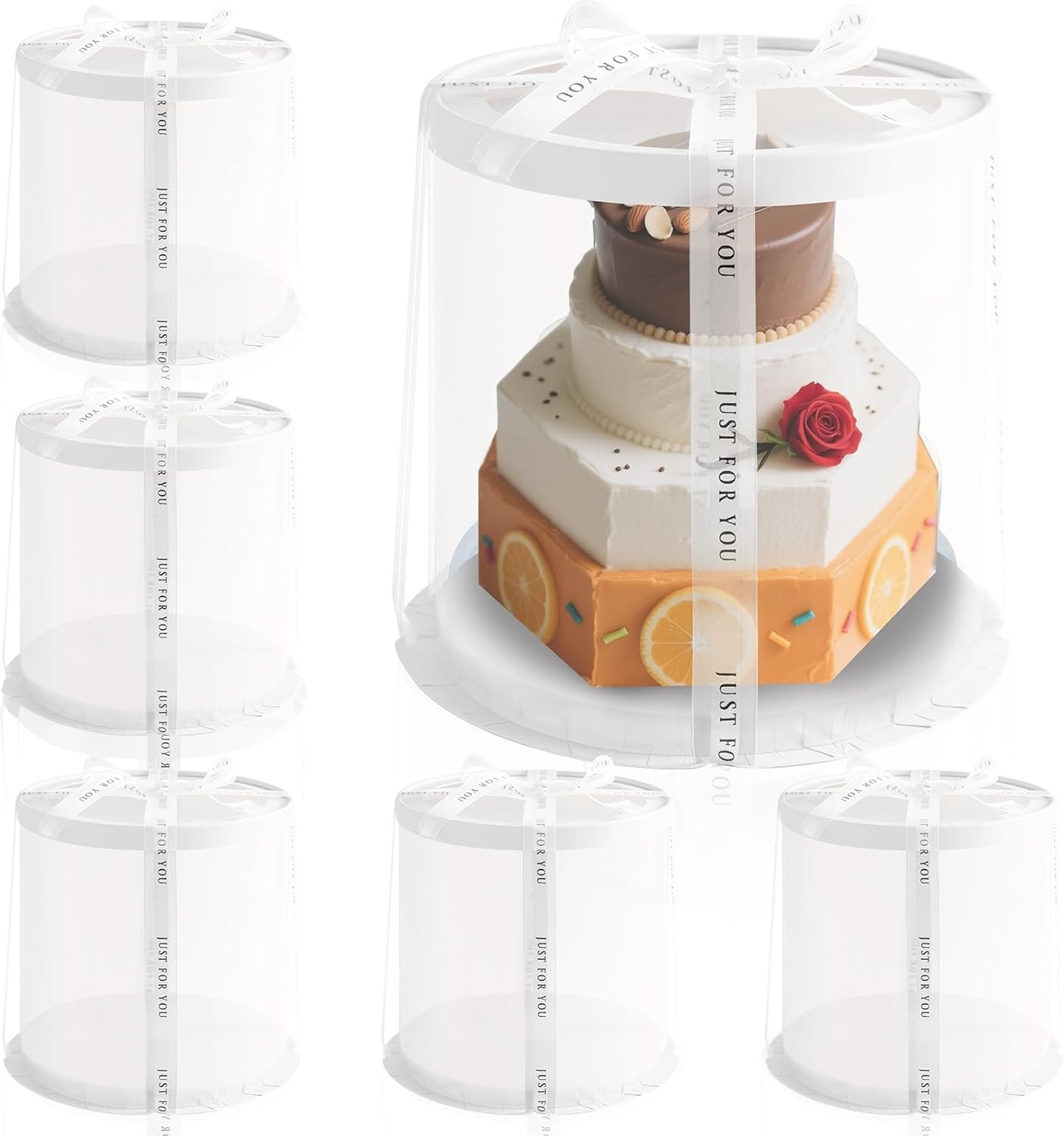 Grossiste de boîtes à gâteaux rondes transparentes 8,5 * 9,5 pouces avec ruban, idéales pour gâteaux à étages de 7 pouces et 6 pouces, fournisseur de boîtes à gâteaux multi-couches pour les festivités de Noël, vente en gros de 6 pièces. Logo personnalisé inclus.