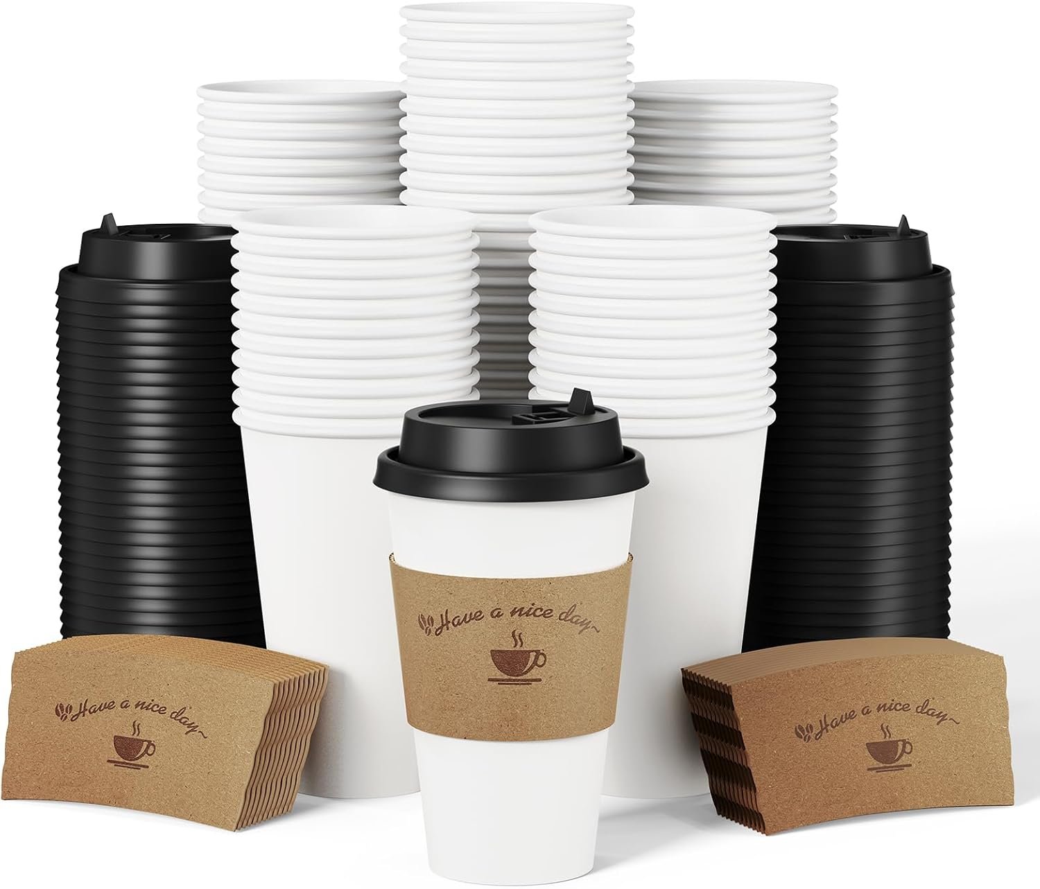 Grossiste de gobelets à café jetables 16 oz avec couvercles et manchons en kraft, logo personnalisé, fabrication de qualité, vente en gros pour bureau, café, restauration, événements et trajets quotidiens.