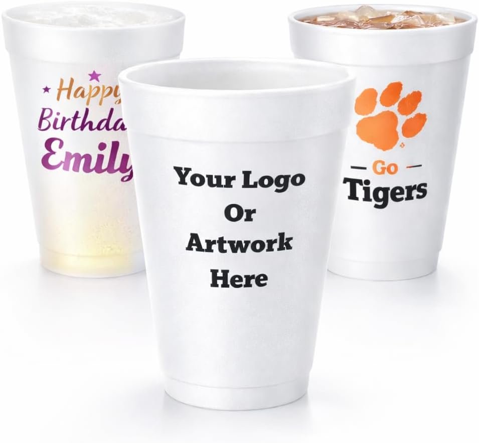 Grossiste de gobelets en mousse jetables personnalisés, 16oz - Impression logo et texte sur mesure | Fournisseur pour fêtes, mariages et événements (50pcs) | OEM disponible