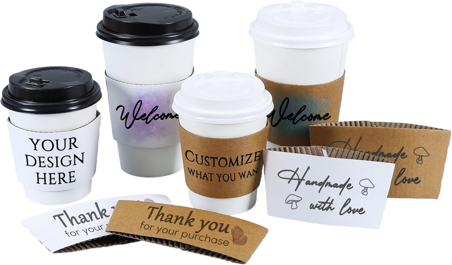 Grossiste de manchons à café jetables blancs/Kraft sur mesure 20-100 pièces, s'adaptent aux gobelets en papier de 10, 12, 16, 20 oz, avec logo personnalisé (50PCS) fabriqué par un fournisseur fiable.