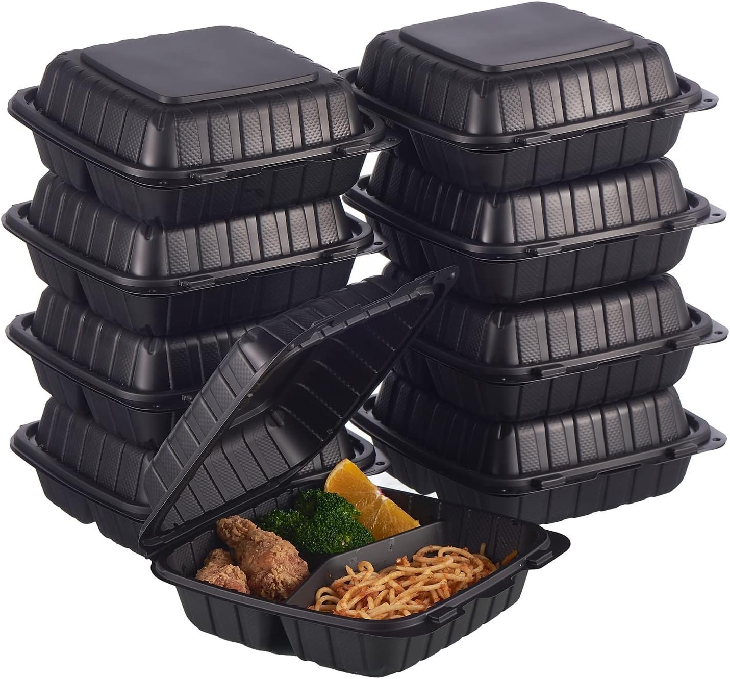 Grossiste de plateaux à emporter en plastique à 3 compartiments, 50 unités, conteneurs jetables robustes avec couvercle sécurisé, marque blanche et fabrication sur demande pour la préparation de repas et le service traiteur.