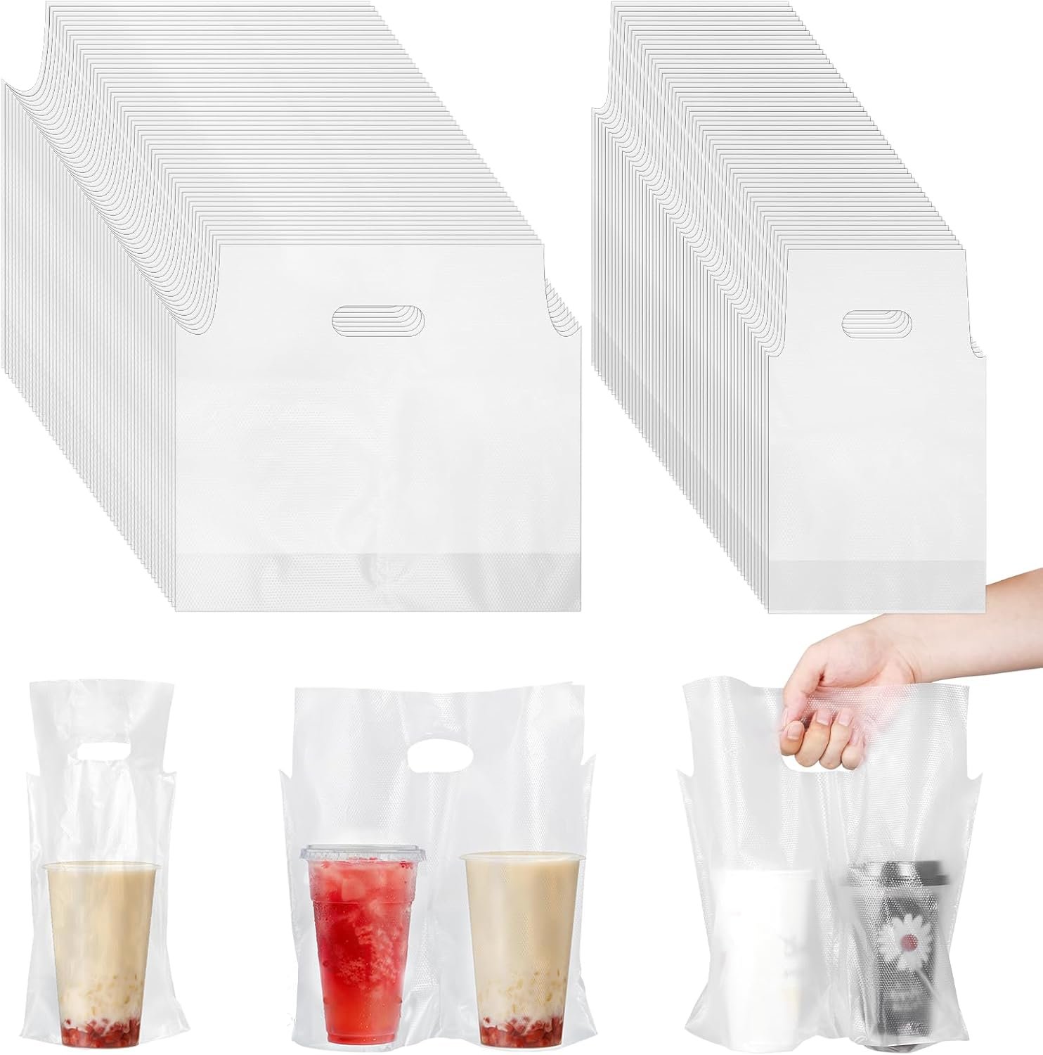 Grossiste de sacs à boissons jetables avec poignée 400 Pcs 2 porte-gobelets pour café à emporter, Logo Personnalisé pour la livraison, Fournisseur de sacs clairs pour boissons, jus, lait et thé.