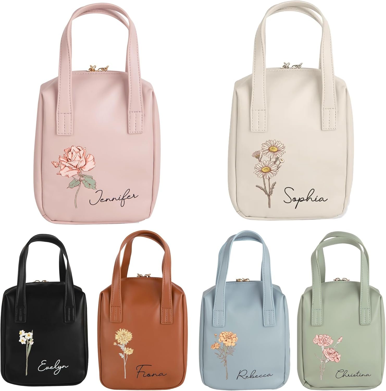 Grossiste de sacs à maquillage de voyage personnalisés en cuir pour femmes avec nom et fleur de naissance, sac à cosmétiques résistant à l'eau avec fermeture éclair et poignée, idéal comme cadeau d'anniversaire pour sa mère ou sa fille, OEM.