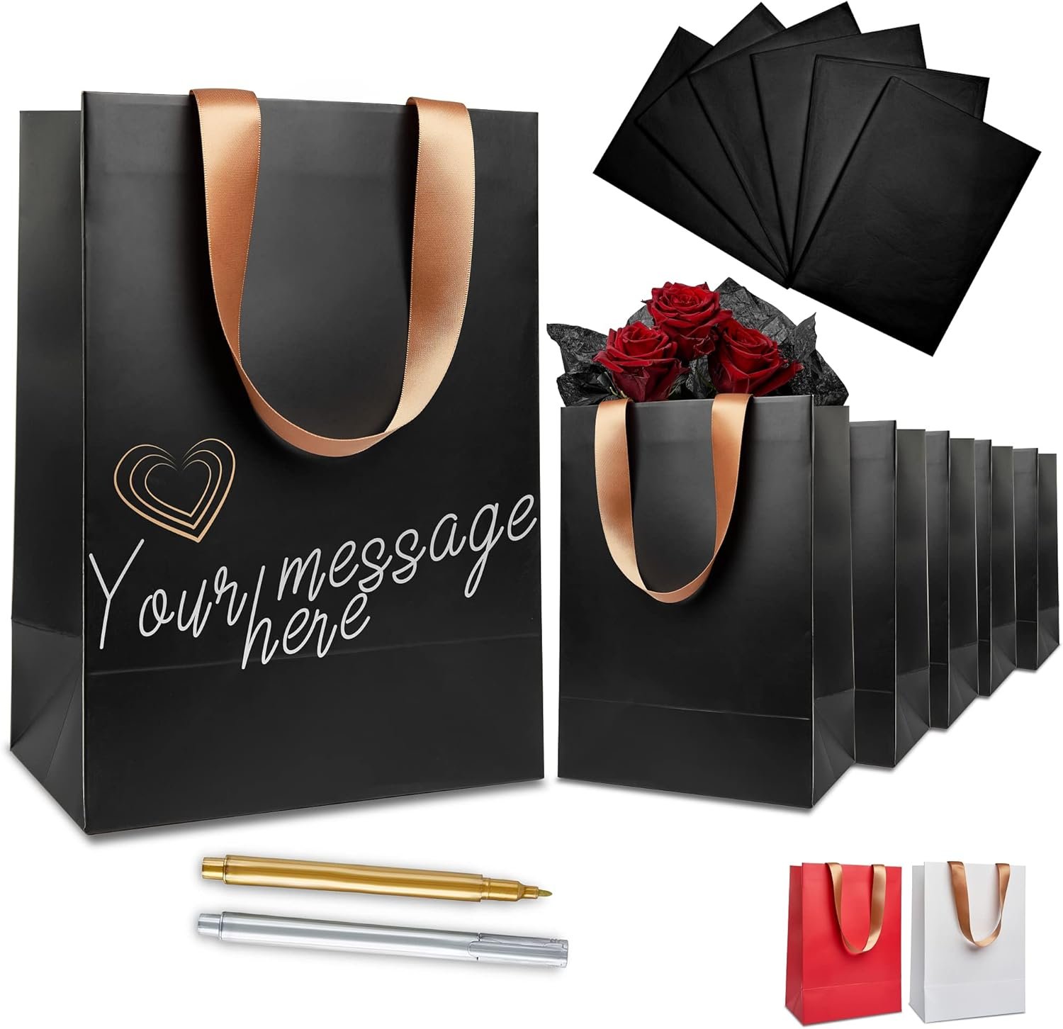 Grossiste de sacs-cadeaux noirs de luxe 6 pièces avec marqueurs métalliques pour personnalisation et papier de soie, taille moyenne 8x10″, mat et résistant. Fournisseur avec poignées en satin doré, ensemble de sacs d'anniversaire pour hommes et femmes, logo personnalisé.