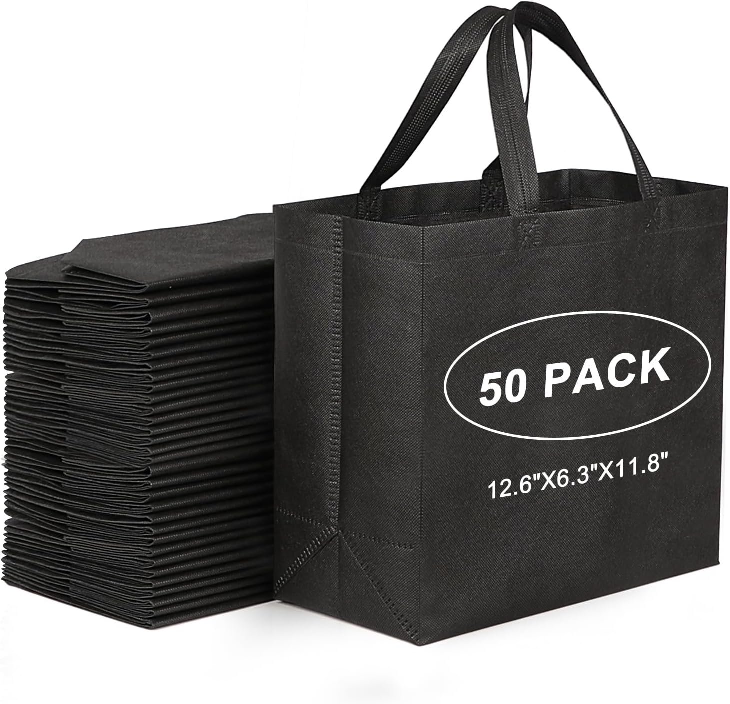 Grossiste de sacs de courses réutilisables noirs avec poignées renforcées, fournisseur d'articles en vrac, logo personnalisé disponible.