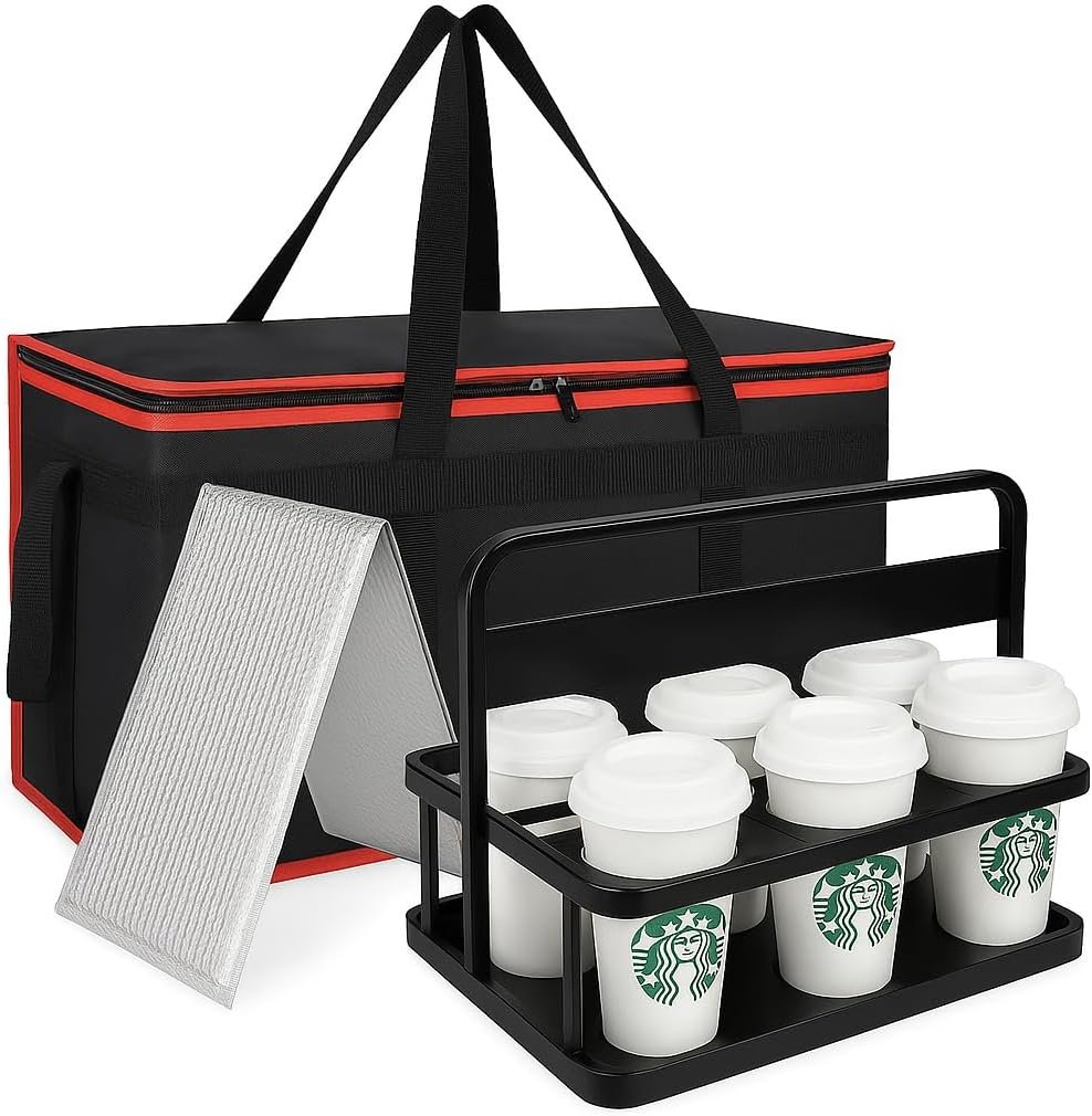Grossiste de sacs de livraison alimentaires isolés XXXL avec fond rigide et porte-boissons de 6 tasses, solution de transport thermique pour la restauration professionnelle, fournisseur de sacs de courses congelés, marque blanche robuste pour le transport chaud et froid.