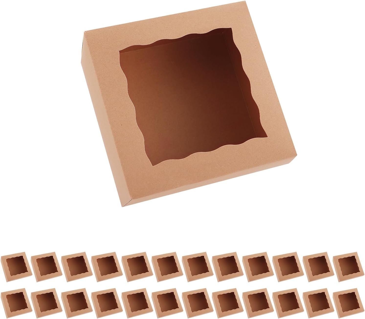 Grossiste en 25 boîtes à pâtisserie Kraft avec fenêtre, boîte à gâteau 8x8x4 pouces, fournisseur de boîtes pour cupcakes, biscuits et muffins, OEM disponible.