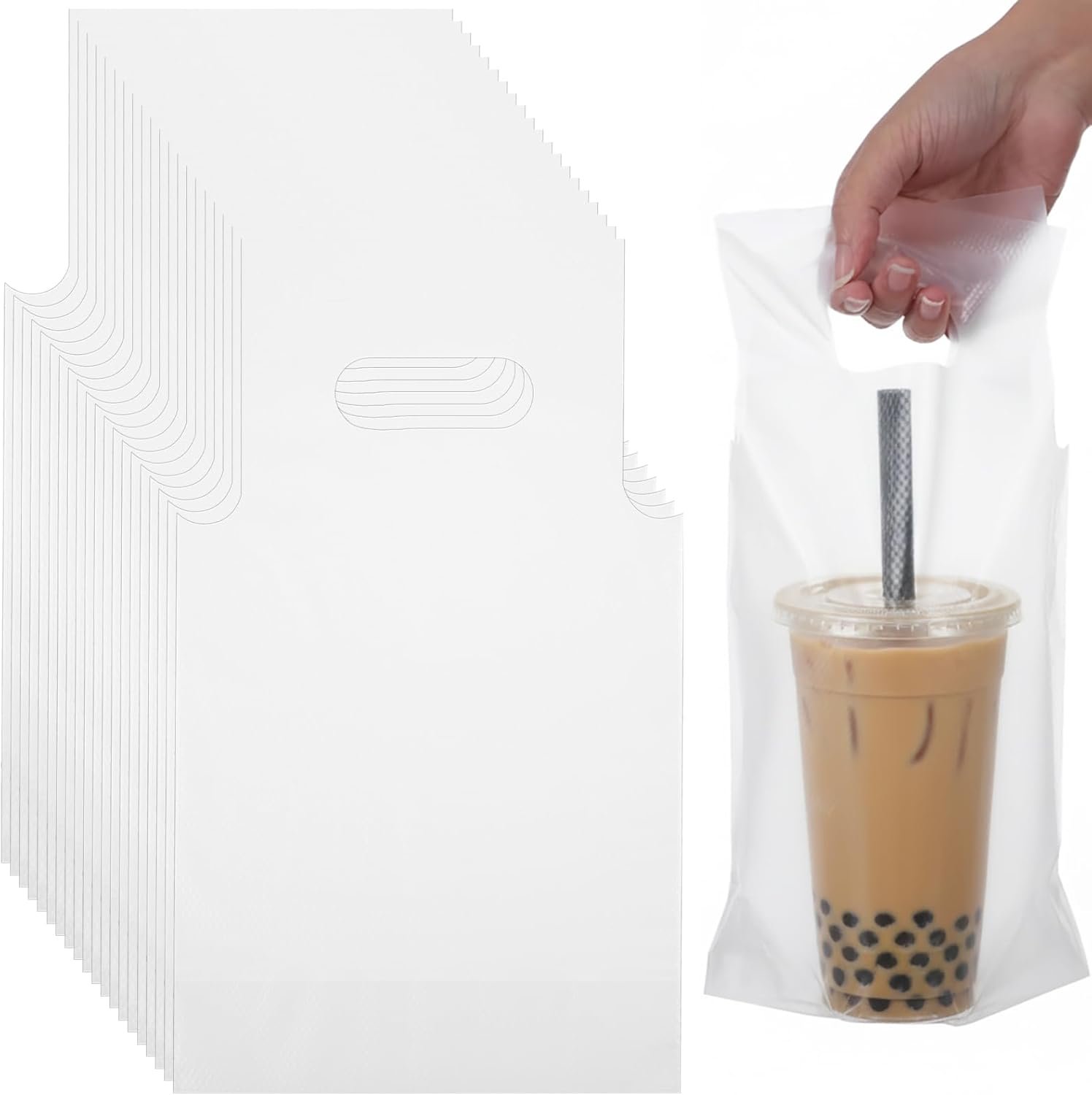 Grossiste en 600 Pcs de sacs en plastique transparents avec poignée 11x6 pouces pour le transport de boissons, OEM de fabricant pour café, thé, livraison de jus, vente en gros.