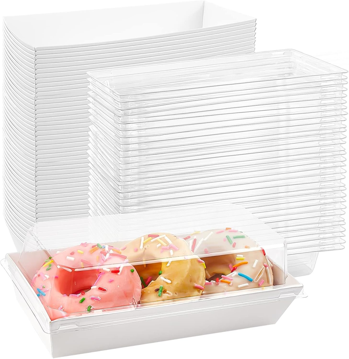 Grossiste en Boîtes de Pâtisserie, boîtes blanches à couvercle transparent de 100 pièces pour cookies, petits gâteaux, sandwichs, cupcakes, fraises, contenants de desserts à emporter, Fabricant de solutions personnalisées avec logo.