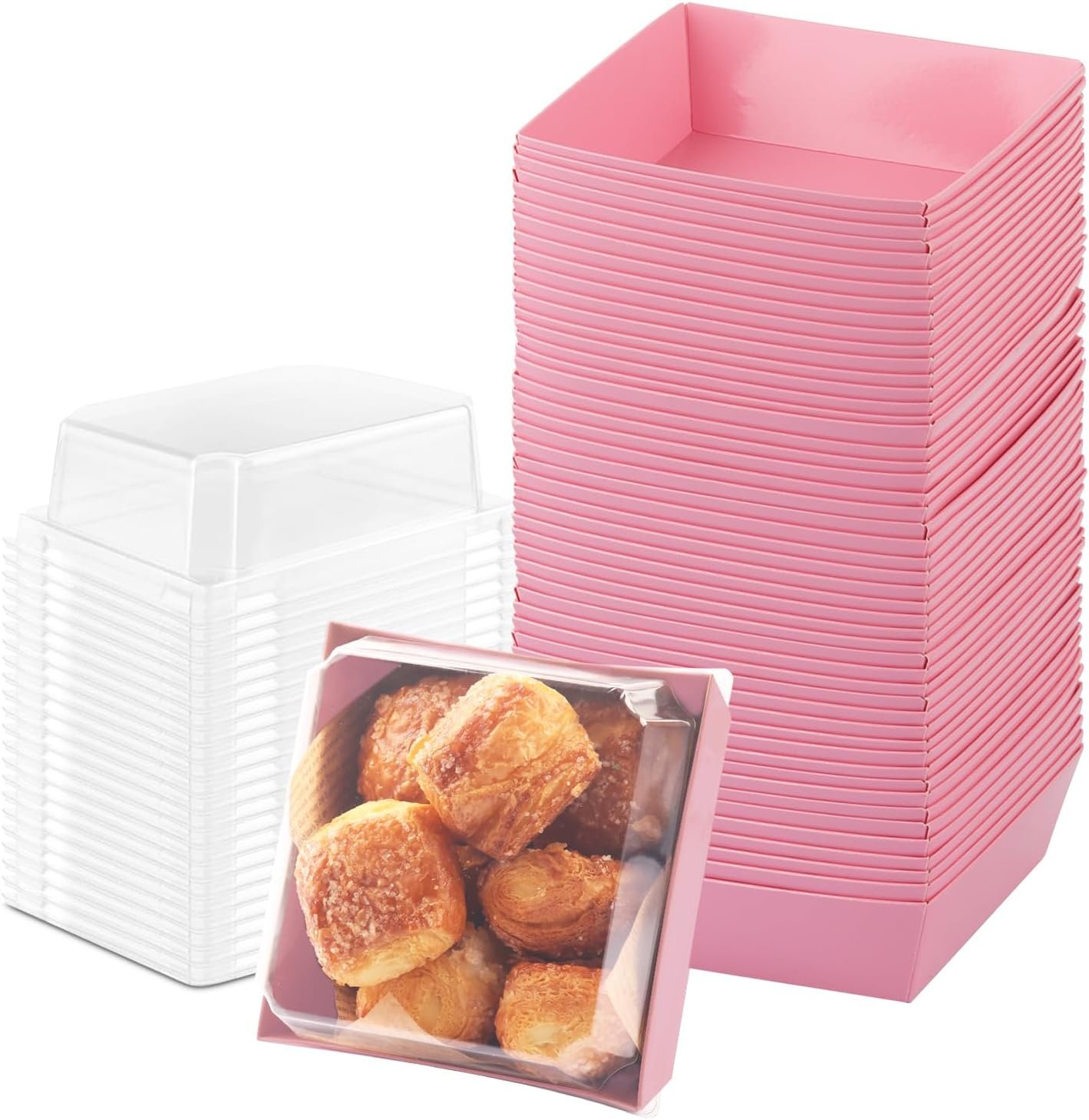 Grossiste en Vrac - 50 Boîtes de Charcuterie avec Couvercles Transparents, Boîtes à Desserts Roses de 4 Pouces, Solutions Jetables pour Cookie, Sandwich, Fraise, Cupcake, Macaron, Tranche de Gâteau - Logo Personnalisé disponible chez notre Fabricant.