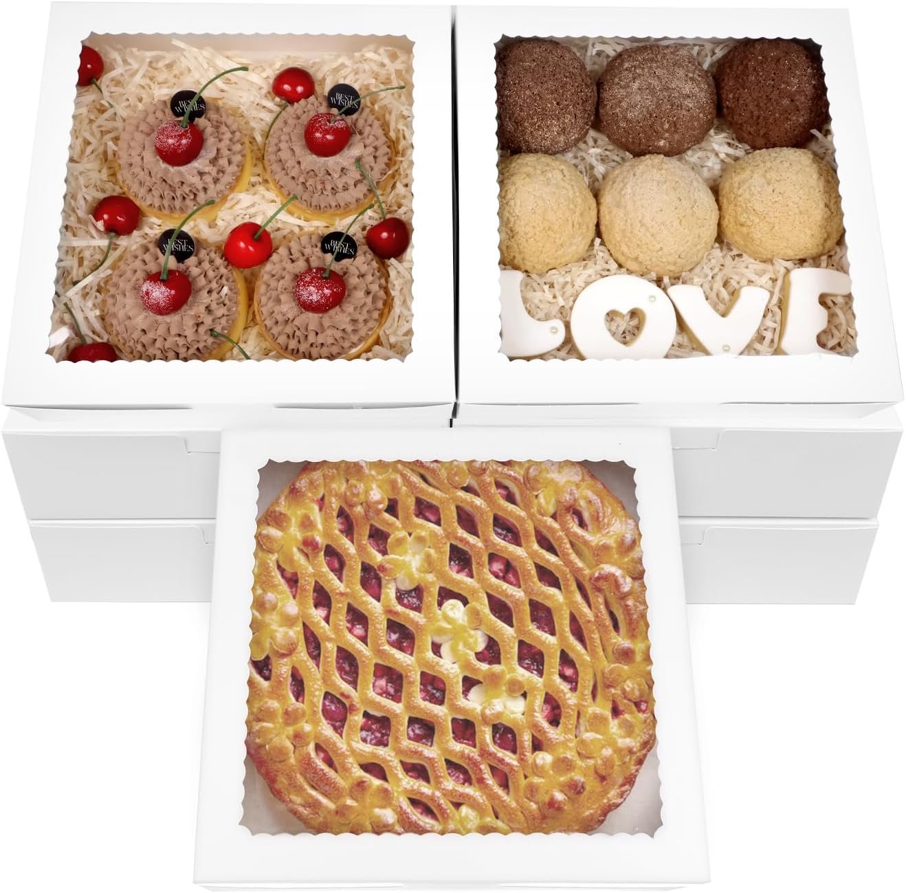 Grossiste en Vrac, Boîtes à Tarte Blanches 9x9x2,5 pouces avec Fenêtre pour Pies, Donuts, Cookies, Muffins, Chocolats, OEM, Marque Blanche