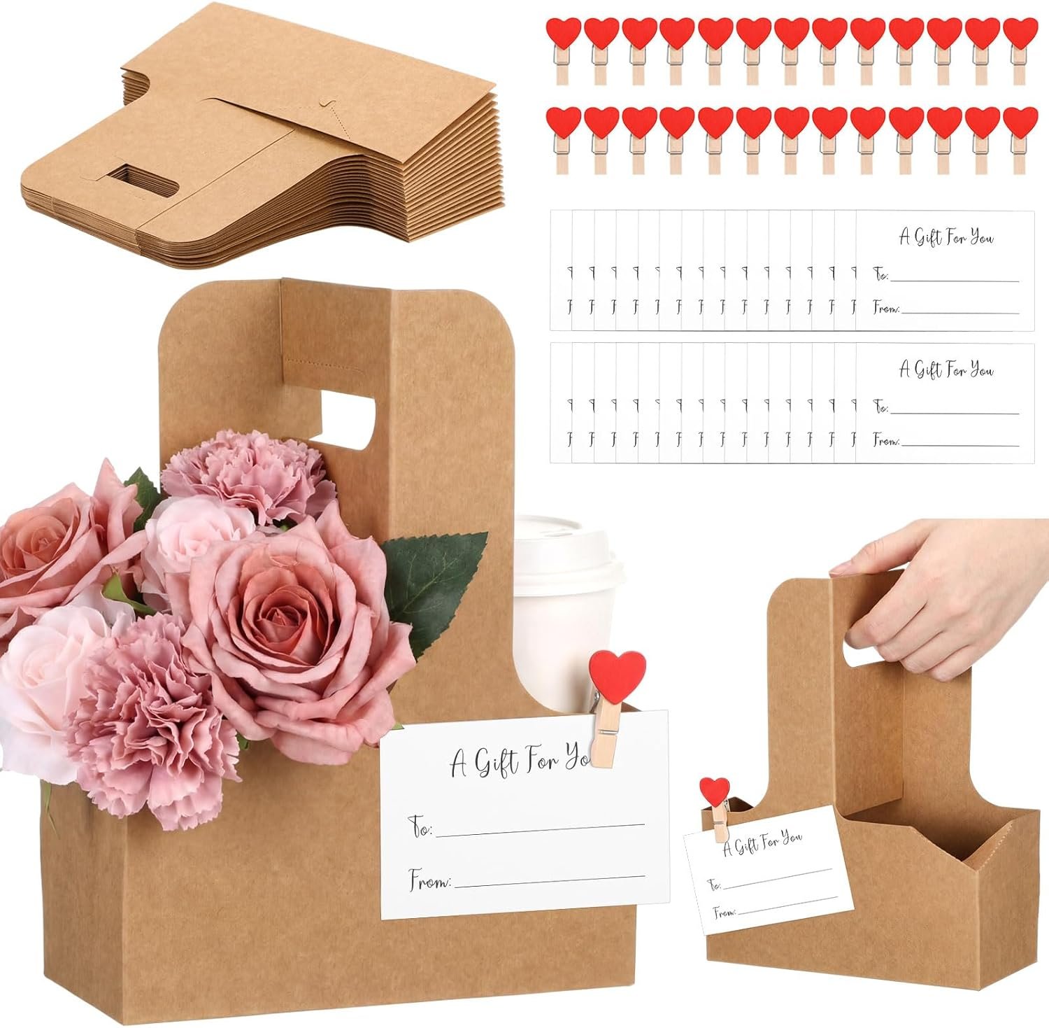 Grossiste en Vrac, Set de 90 Pcs de Porte-Boissons en Papier Kraft pour 2 Tasses avec Poignée, Clips en Forme de Cœur et Mini Cartes-Cadeaux, Plateau de Boissons Pliable pour la Saint-Valentin, la Fête des Mères, Mariages et Fêtes (Marron), Fabricant de Marque Blanche