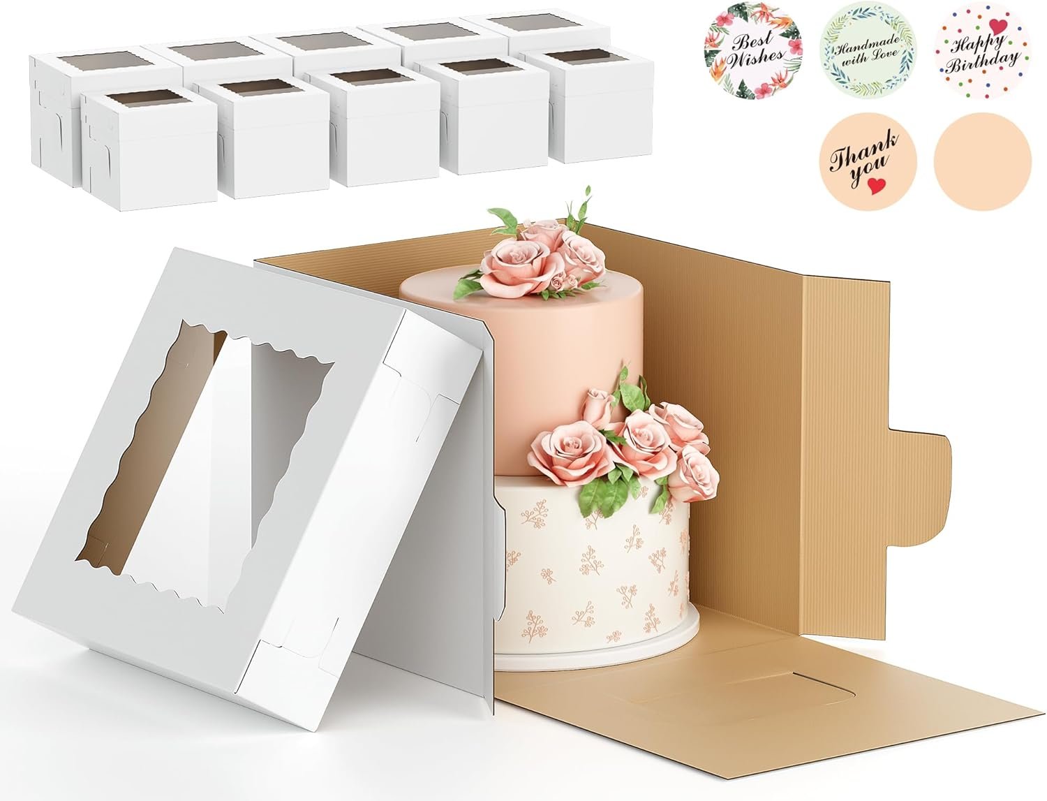 Grossiste en Vrac de 10 Boîtes à Gâteau Ondulées - Dimensions de 12x12x12 et 10x10x10 Pouces, avec Fenêtre, Fournisseur de Boîtes en Carton Épaisses, Utilisation Unique pour Gâteaux en Étage, Anniversaire, Mariage, OEM