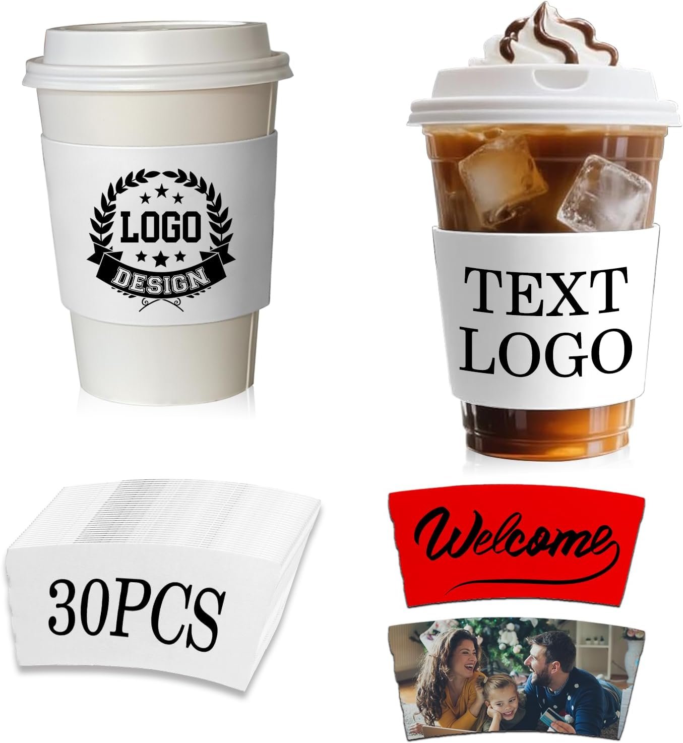 Grossiste en Vrac de Manchons à Café Personnalisés 10-1000PCS avec Logo Personnalisé, Fournisseur de Manchons en Papier Jetables pour Événements, Cadeaux, Mariages, Anniversaires, Engagement 30PCS