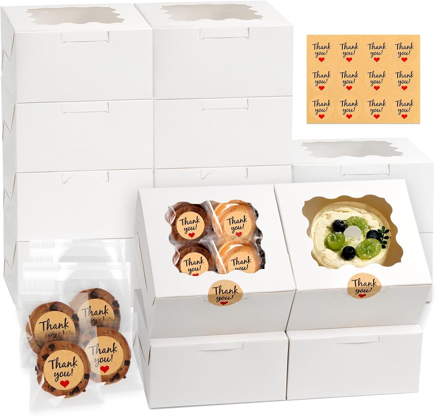 Grossiste en boîte à biscuits avec fenêtre, 12 pièces 6x6x3 pouces, Partie avec logo personnalisé, 50 sacs à biscuits et 12 autocollants, pour desserts, pâtisseries, chocolats, fraises, macarons, donuts, cupcakes, fabricant de solutions en gros.