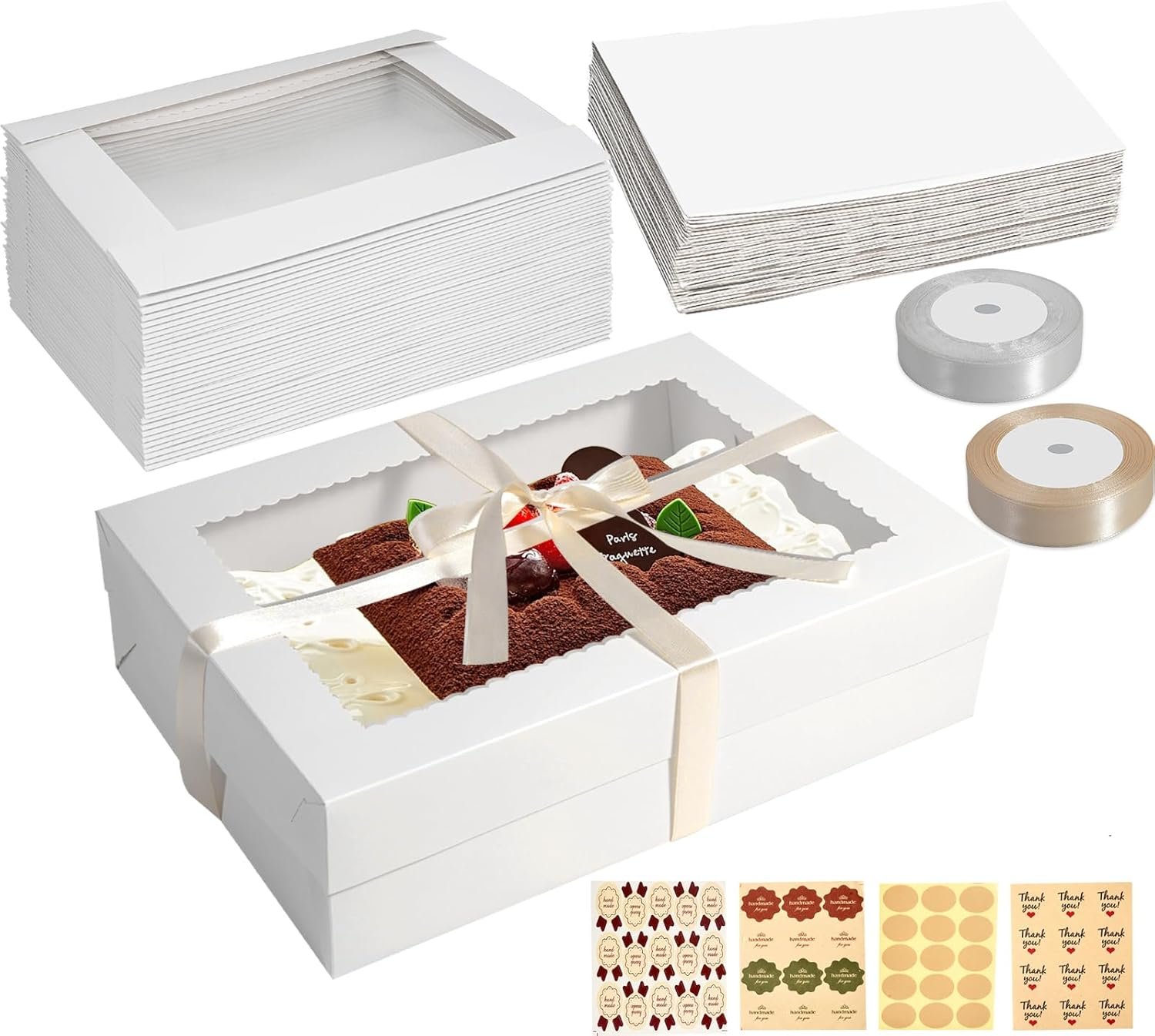 Grossiste en boîte à gâteau 18 pièces avec support pour gâteau, dimensions 14x10x4 pouces, boîte de pâtisserie blanche avec grande fenêtre, idéale pour gâteaux de quart, donuts, cupcakes, pâtisseries et tartes - Marque blanche personnalisée chez fabricant.