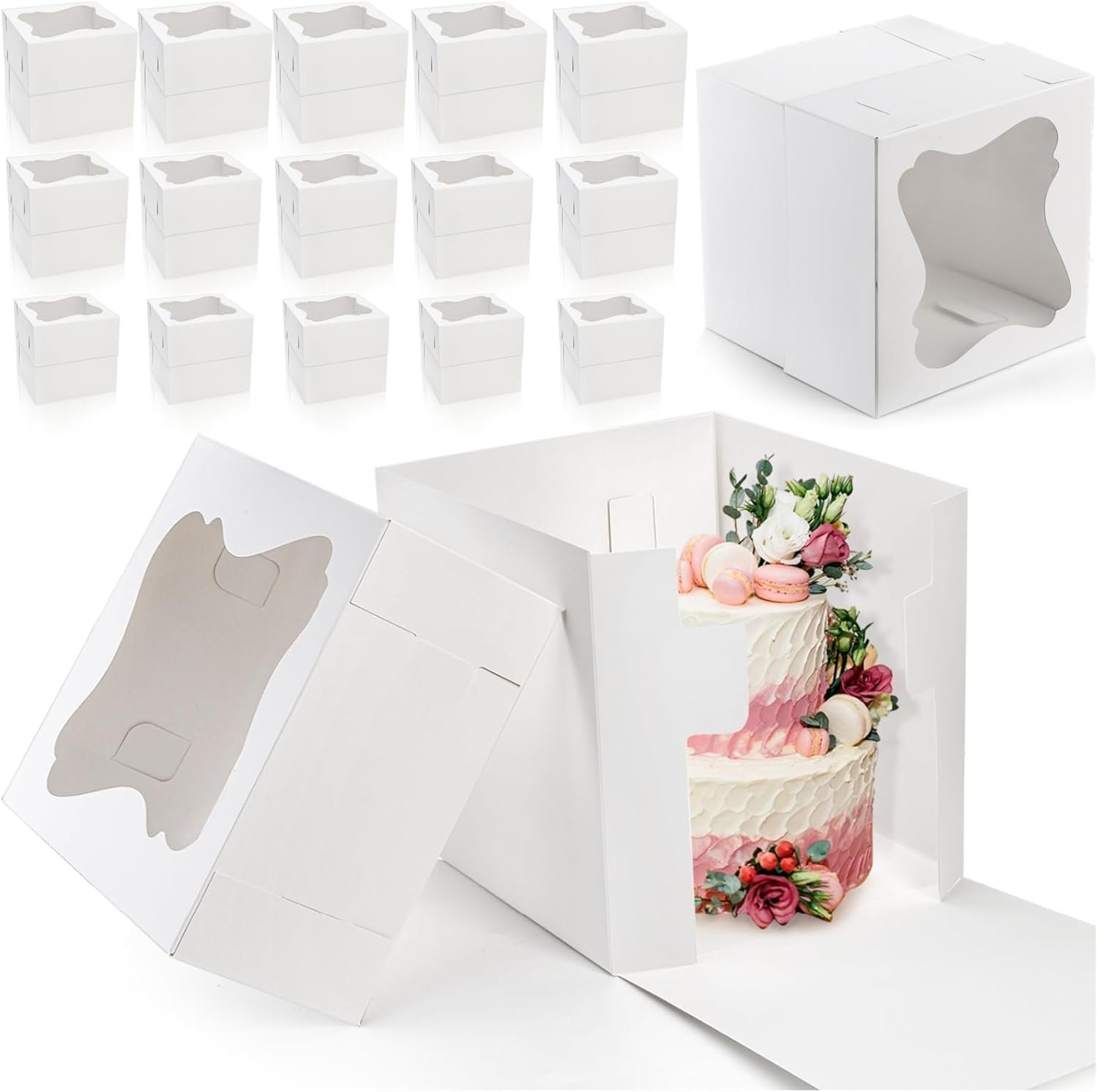 Grossiste en boîtes à gâteaux, boîte à gâteau carrée avec fenêtre en 3 tailles 12x12x12, 10x10x10, 8x8x8 pouces, contenant en carton pour pâtisserie, OEM, support jetable pour dessert et transport de tarte pour mariage et anniversaire.